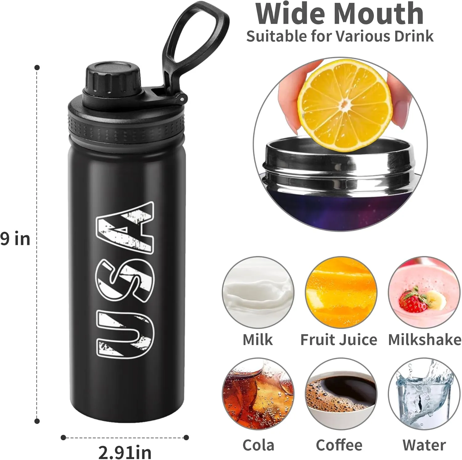 Cerburny Water Bottle Black USA Flag 18 oz Stainless Steel Insulated Bottles With Lid Wide Mouth Gym Sports Water Jug For Men Women Adult