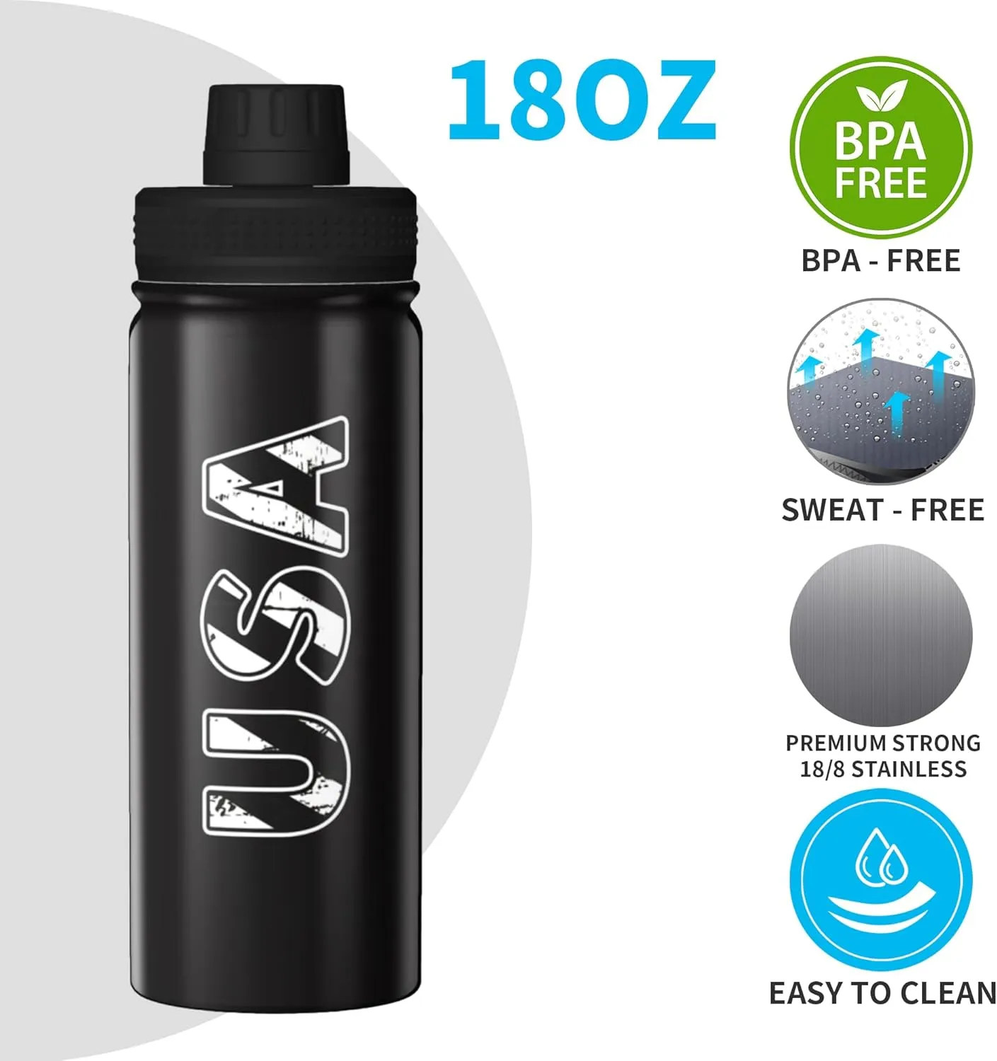 Cerburny Water Bottle Black USA Flag 18 oz Stainless Steel Insulated Bottles With Lid Wide Mouth Gym Sports Water Jug For Men Women Adult