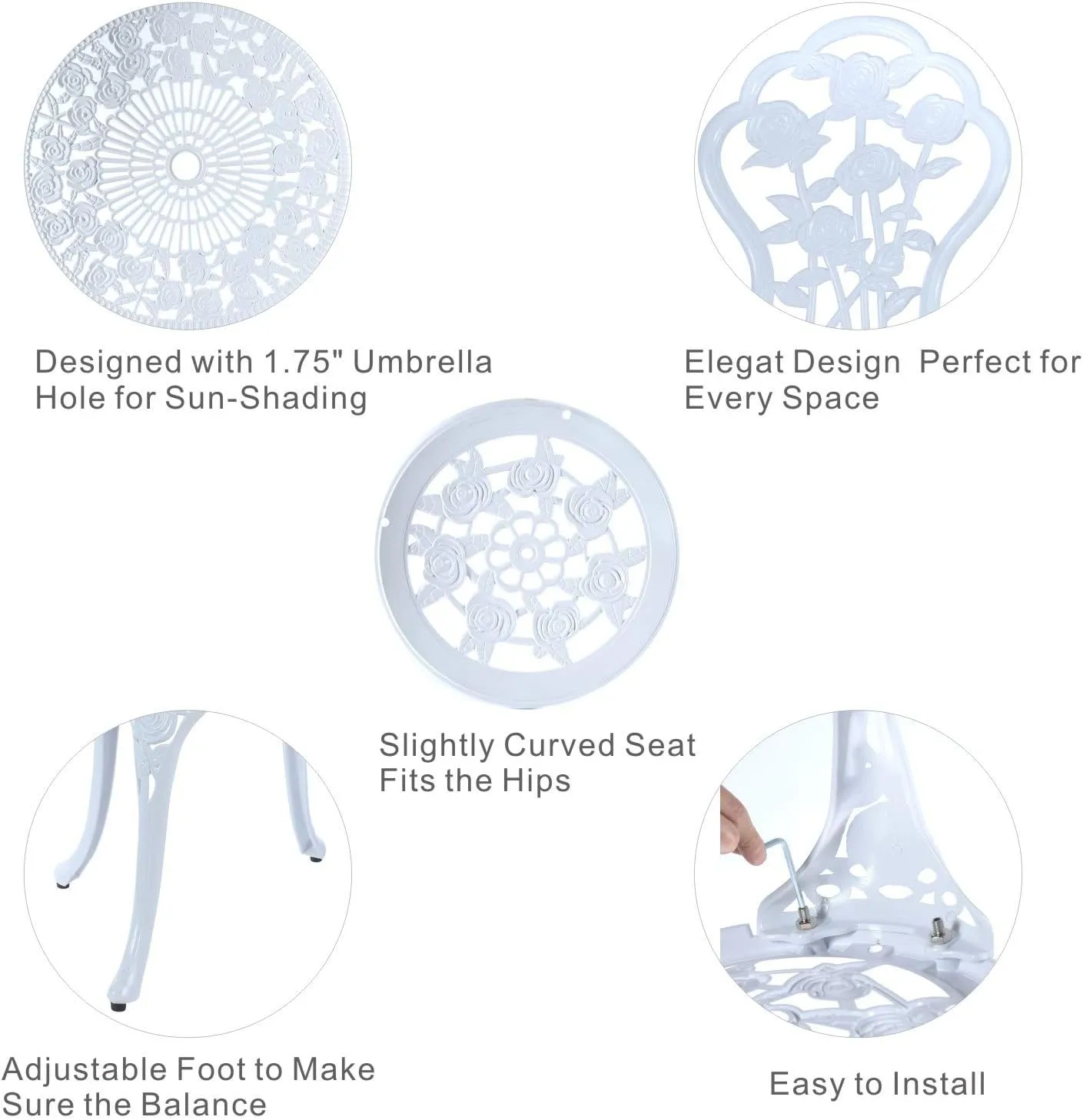 C/G 3-Piece Bistro Set - Outdoor Patio Table Set, Anti-Rust Cast Aluminum, White