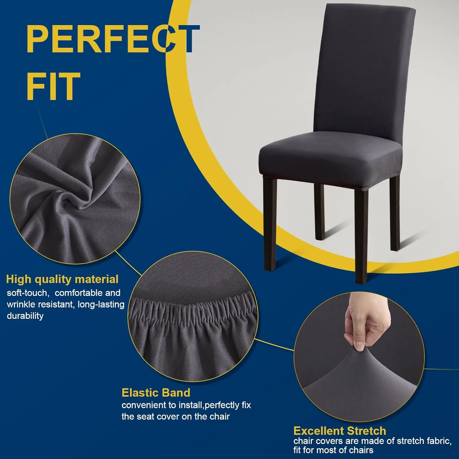 Chair Covers for Dining Room Set of 4, Dining Chair Covers, Kitchen Chair Covers, Stretch Removable Washable Dining Chair Slipcovers for Home, Hotel, Banquet, .Dark Grey