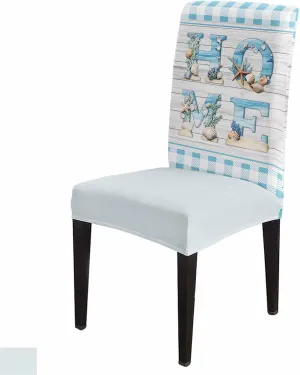 Chair Covers for Dining Room Set of 6, Stretch Dining Chair Cover, Beach Ocean Theme Blue Check HOME Removable Washable Kitchen Chair Seat Slipcovers for Banquet, Wedding, Hotel