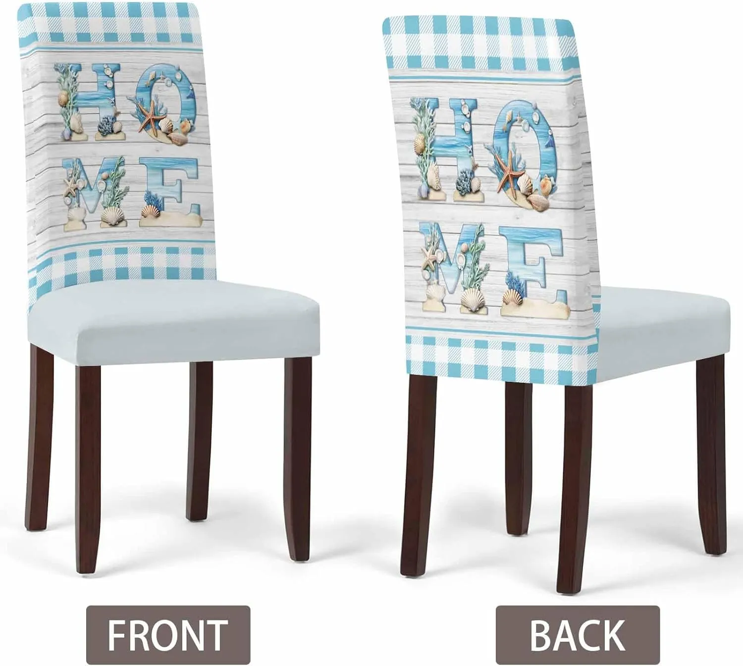 Chair Covers for Dining Room Set of 6, Stretch Dining Chair Cover, Beach Ocean Theme Blue Check HOME Removable Washable Kitchen Chair Seat Slipcovers for Banquet, Wedding, Hotel