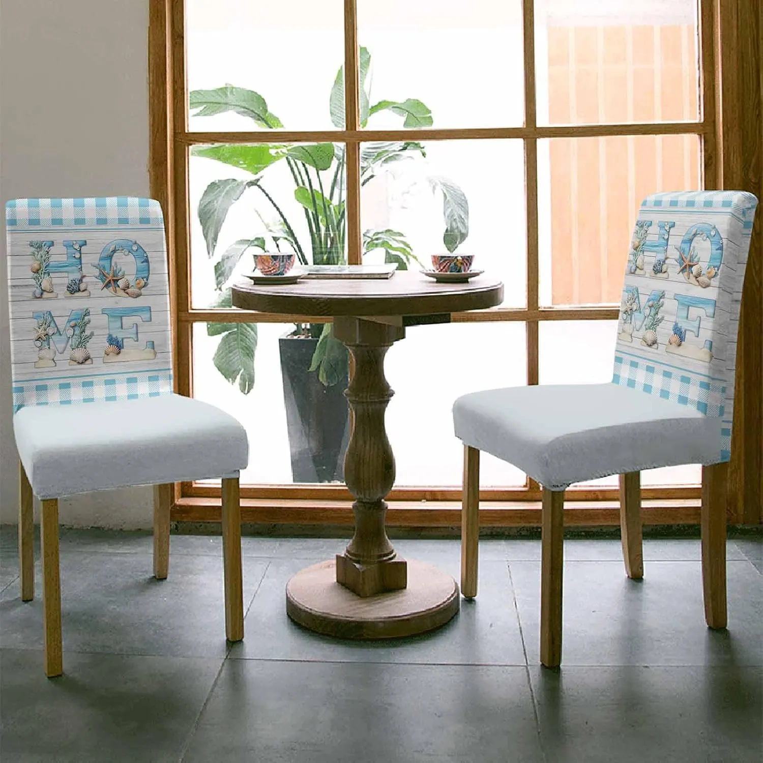 Chair Covers for Dining Room Set of 6, Stretch Dining Chair Cover, Beach Ocean Theme Blue Check HOME Removable Washable Kitchen Chair Seat Slipcovers for Banquet, Wedding, Hotel
