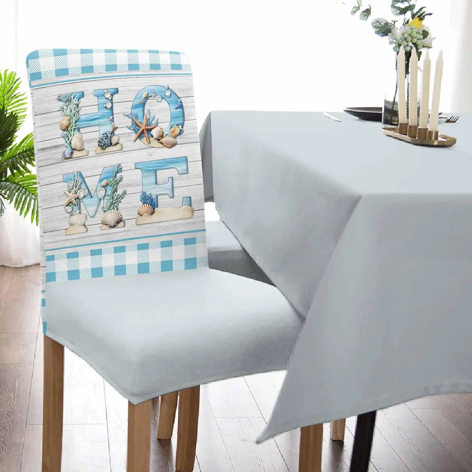 Chair Covers for Dining Room Set of 6, Stretch Dining Chair Cover, Beach Ocean Theme Blue Check HOME Removable Washable Kitchen Chair Seat Slipcovers for Banquet, Wedding, Hotel