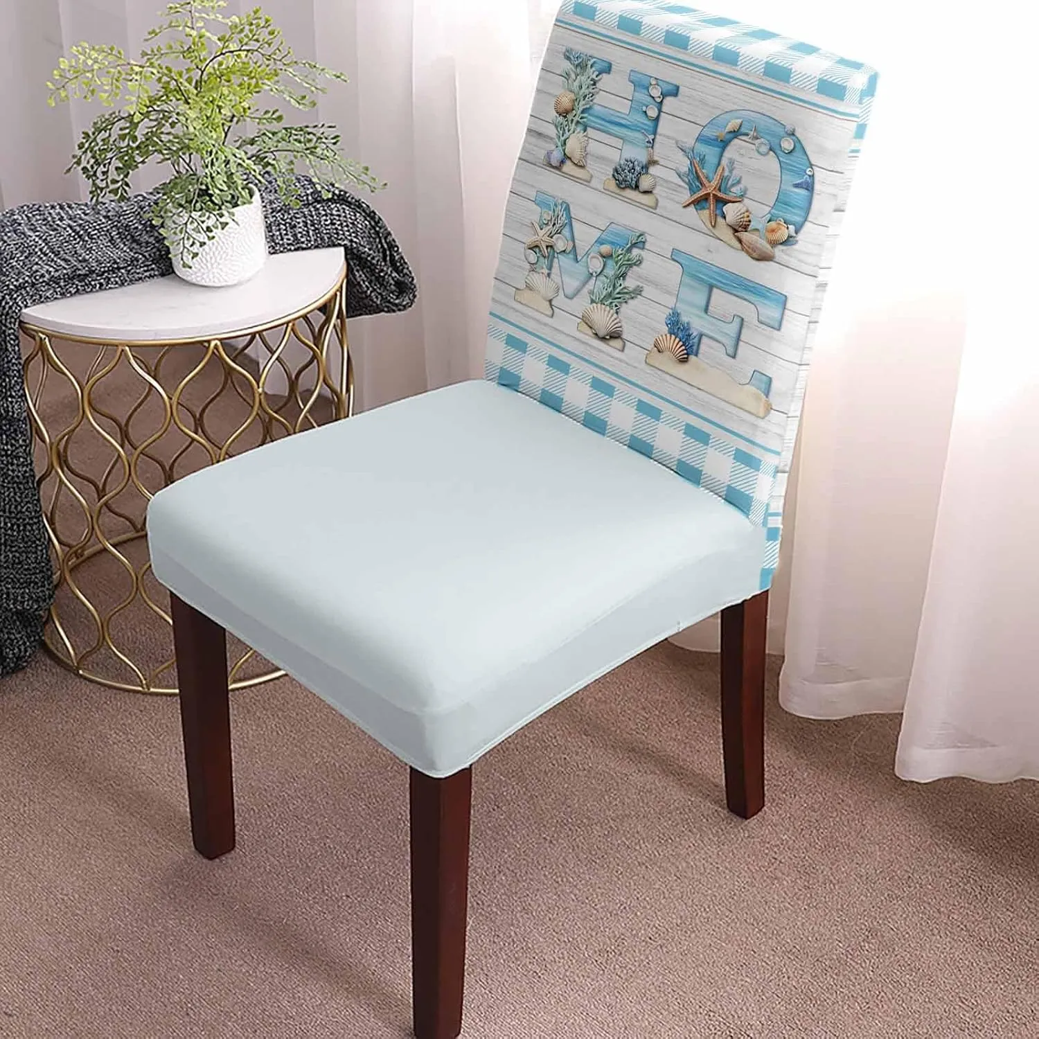 Chair Covers for Dining Room Set of 6, Stretch Dining Chair Cover, Beach Ocean Theme Blue Check HOME Removable Washable Kitchen Chair Seat Slipcovers for Banquet, Wedding, Hotel