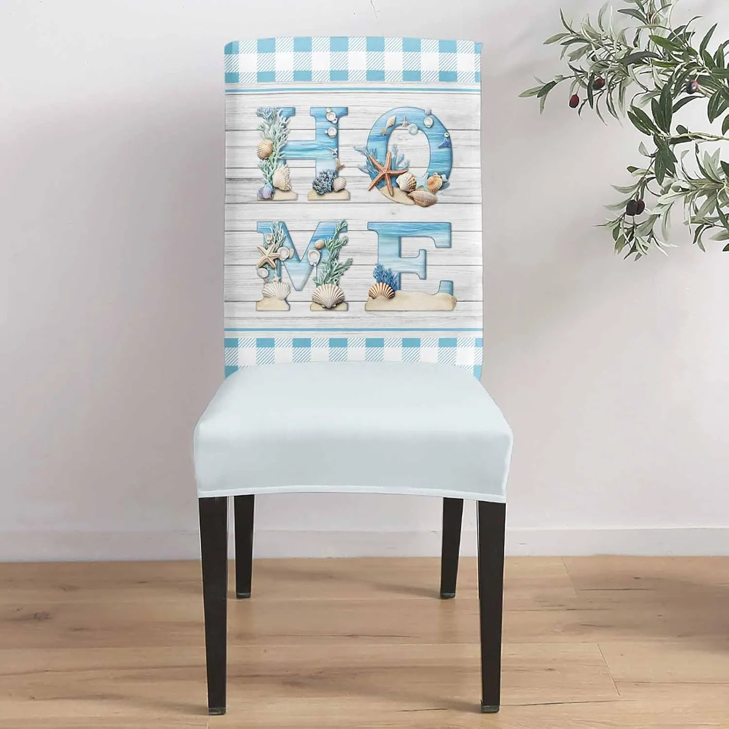 Chair Covers for Dining Room Set of 6, Stretch Dining Chair Cover, Beach Ocean Theme Blue Check HOME Removable Washable Kitchen Chair Seat Slipcovers for Banquet, Wedding, Hotel