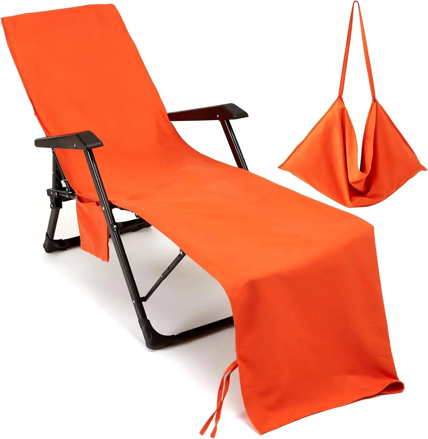 Chaise Lounge Chair Towel Cover with Side Pockets Thick and Quick Dry Beach Chair Cover Pool Chair Towel Lounge Chair Cover for Swimming Pool Sun Lounger Hotel Sunbathing Vacation, Orange