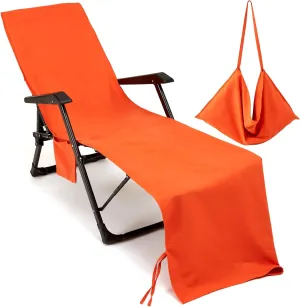 Chaise Lounge Chair Towel Cover with Side Pockets Thick and Quick Dry Beach Chair Cover Pool Chair Towel Lounge Chair Cover for Swimming Pool Sun Lounger Hotel Sunbathing Vacation, Orange