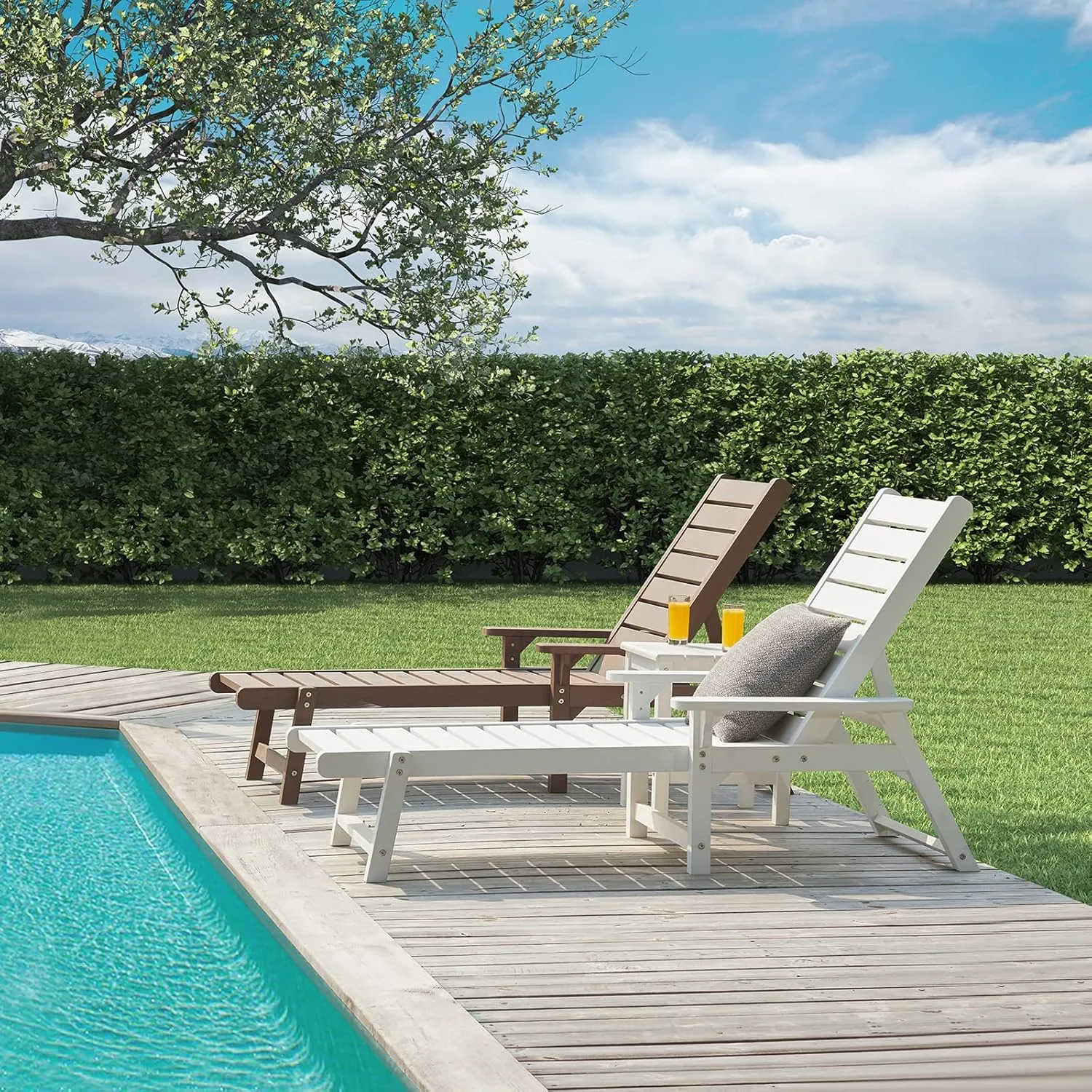 Chaise Lounge, Poly Lumber, Outdoor Lounge Chair with Adjustable Backrest, Sturdy Weather Resistant Waterproof Fade Proof, for Poolside Patio Garden(Brown, 1 pc)