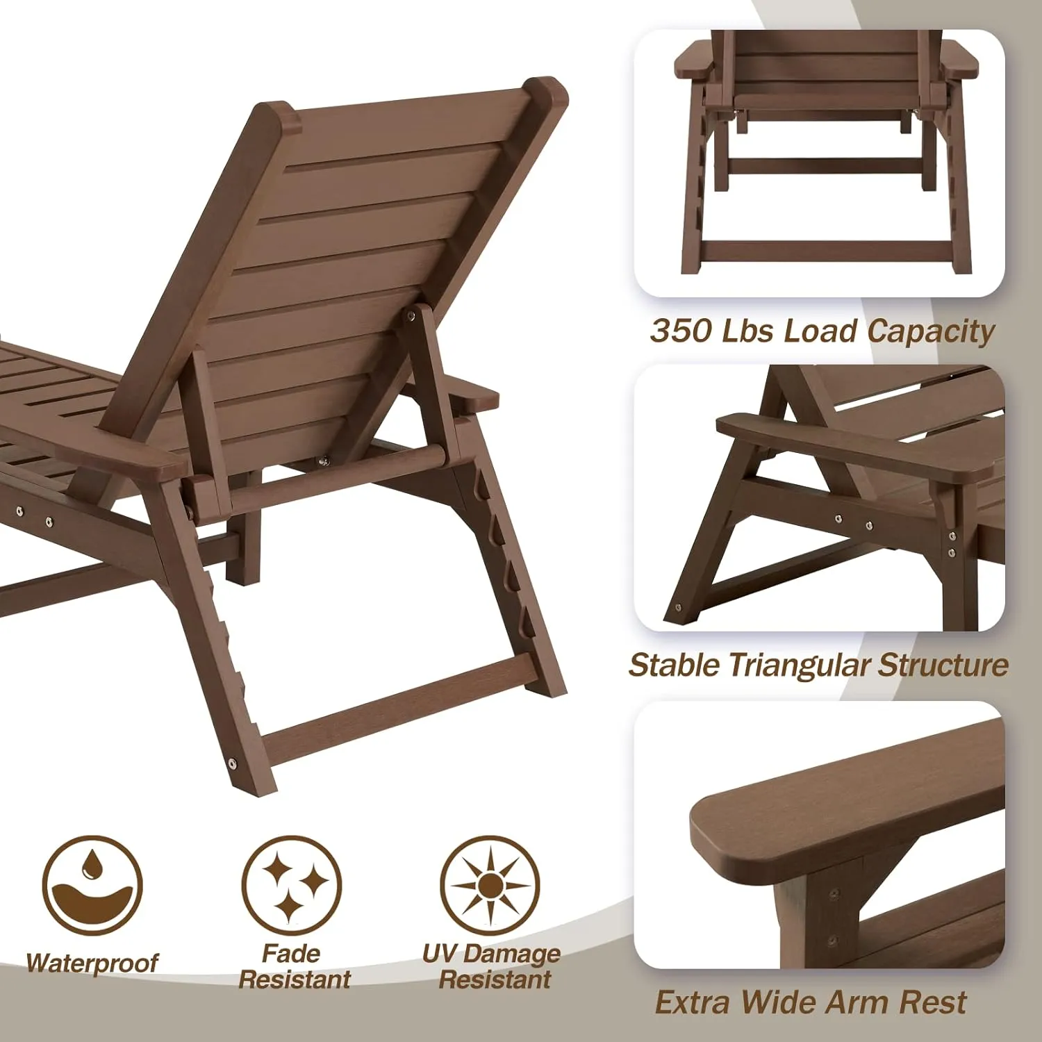 Chaise Lounge, Poly Lumber, Outdoor Lounge Chair with Adjustable Backrest, Sturdy Weather Resistant Waterproof Fade Proof, for Poolside Patio Garden(Brown, 1 pc)