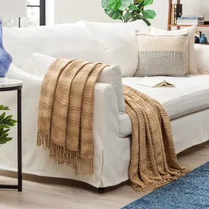 Chanasya Premium Pleated Solid Plaid Acrylic Throw Blanket with Tassels - Lightweight and Super Soft Modern Woven Blanket for Couch, Home, Living Room, and Bedroom Décor (50x65 Inches) Beige