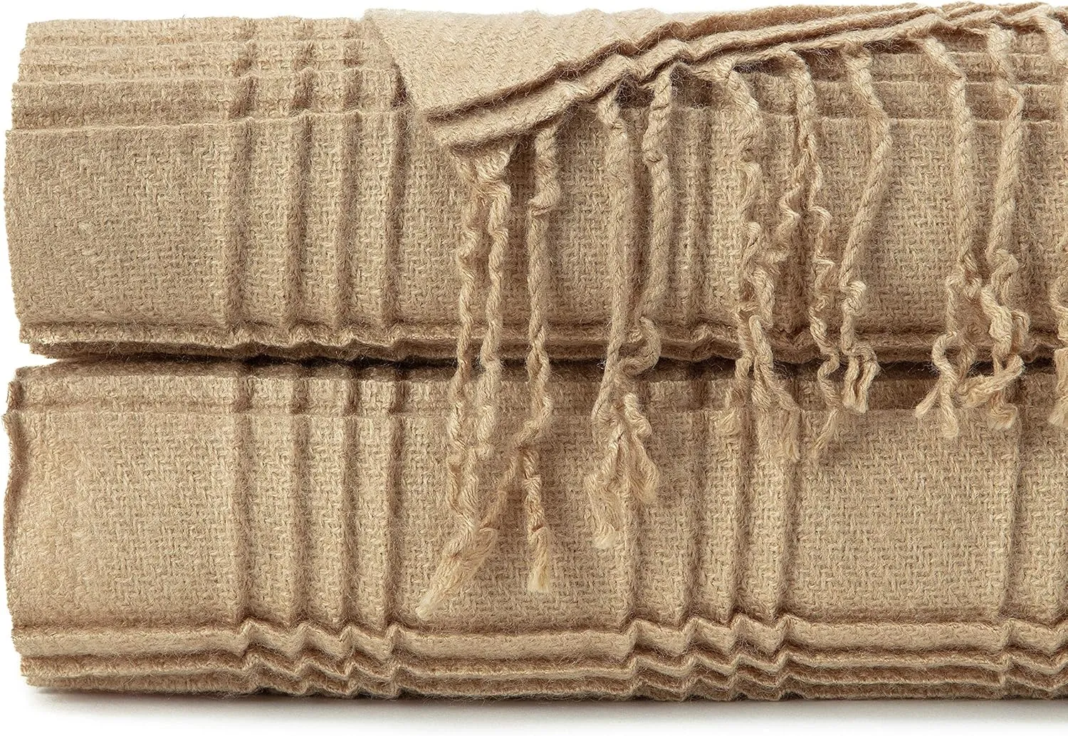 Chanasya Premium Pleated Solid Plaid Acrylic Throw Blanket with Tassels - Lightweight and Super Soft Modern Woven Blanket for Couch, Home, Living Room, and Bedroom Décor (50x65 Inches) Beige
