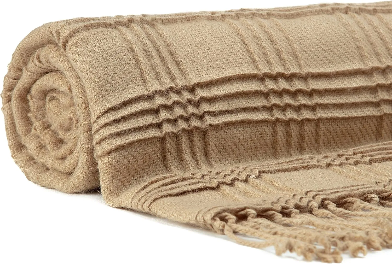 Chanasya Premium Pleated Solid Plaid Acrylic Throw Blanket with Tassels - Lightweight and Super Soft Modern Woven Blanket for Couch, Home, Living Room, and Bedroom Décor (50x65 Inches) Beige