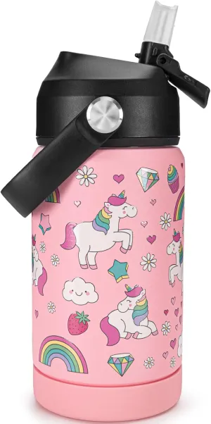 Charcy 12 oz Insulated Water Bottle With Straw, Sports Water Cup Flask with Wide Mouth, Leak Proof Travel Thermo Mug - Pink Unicorn S