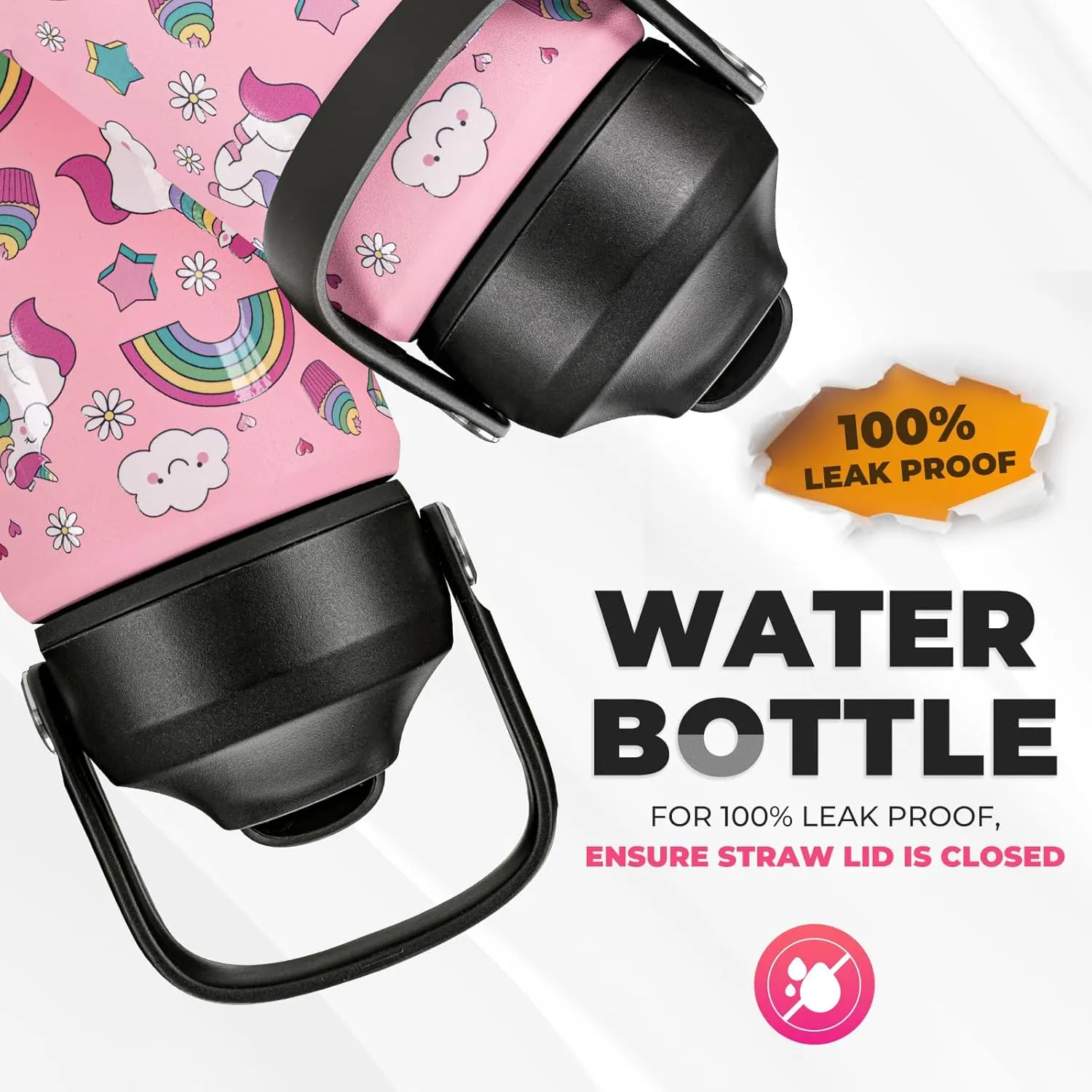 Charcy 12 oz Insulated Water Bottle With Straw, Sports Water Cup Flask with Wide Mouth, Leak Proof Travel Thermo Mug - Pink Unicorn S