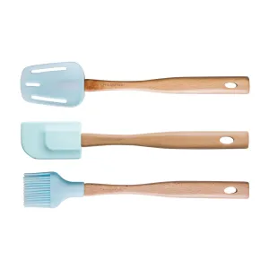 Chasseur Silicone Head Spatula, Brush & Spoon Set With Wood Handles Duck Egg Blue