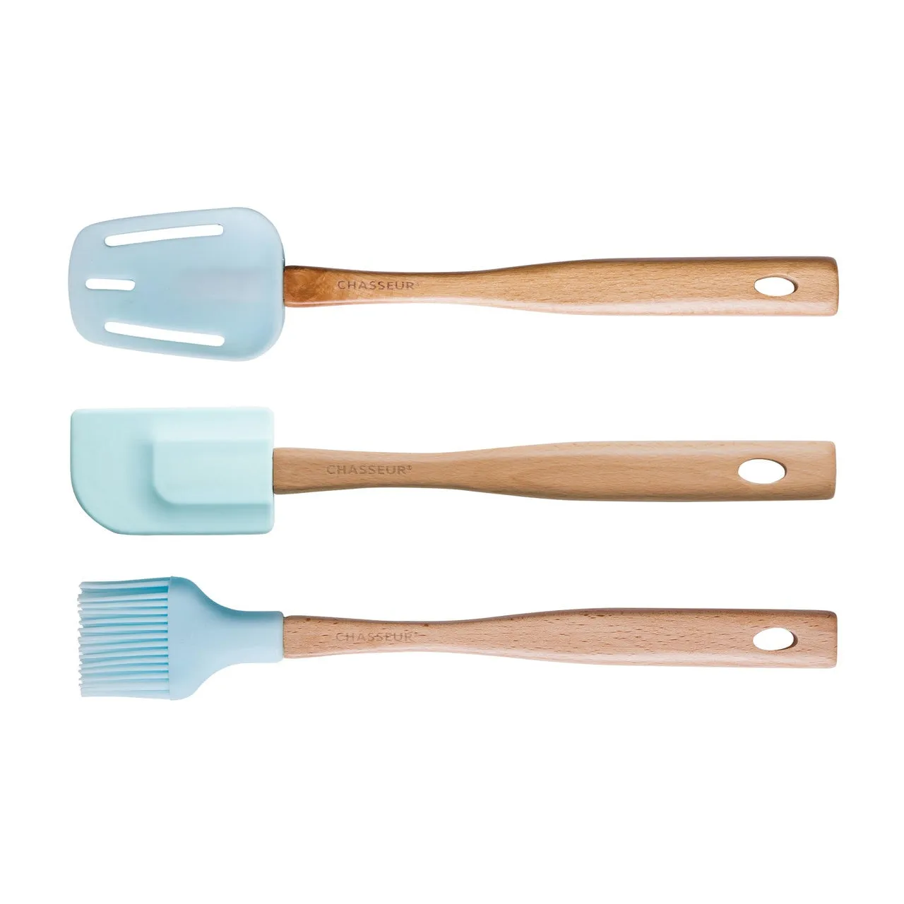 Chasseur Silicone Head Spatula, Brush & Spoon Set With Wood Handles Duck Egg Blue