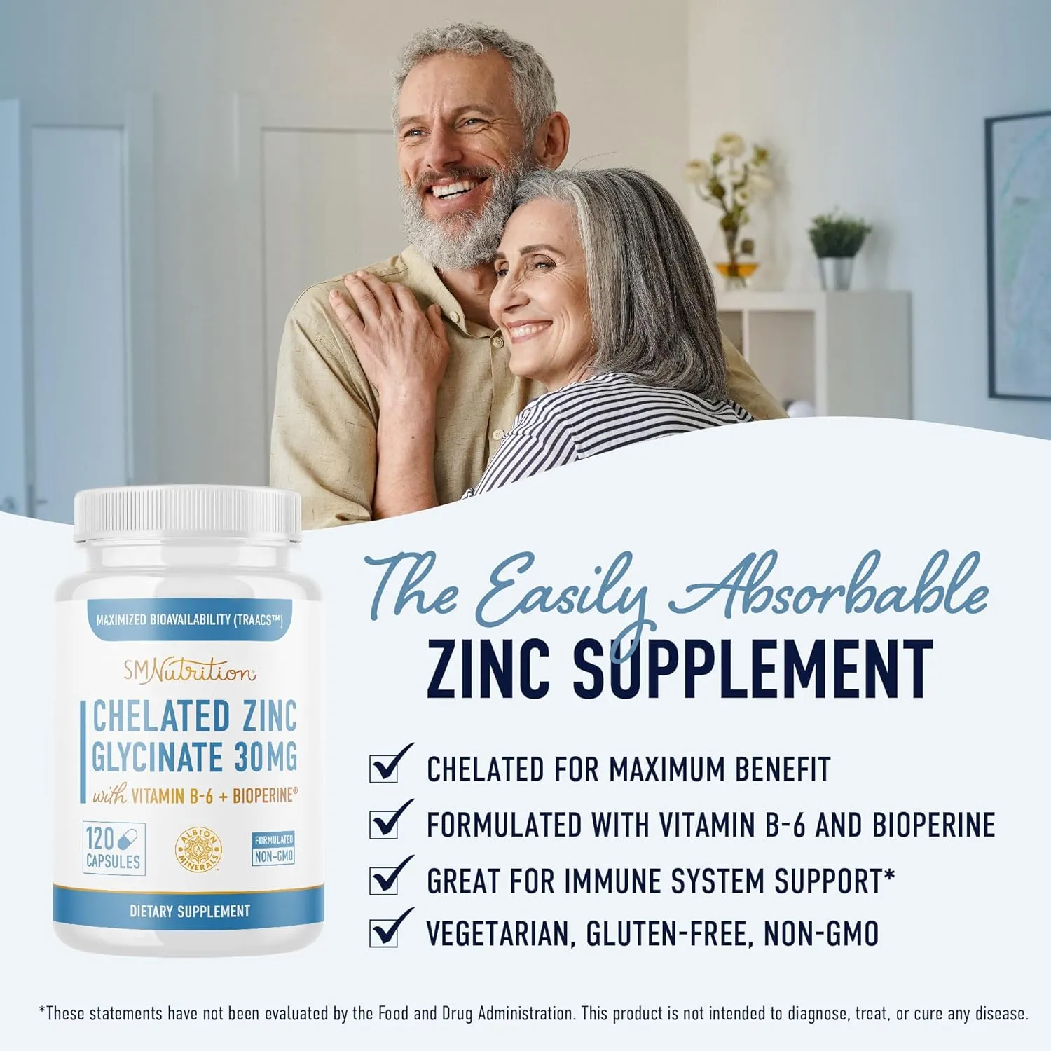 Chelated Zinc Supplements | Zinc Glycinate 30mg | Highly-Absorbable TRAACS Chelated Bisglycinate, Vitamin B6 and BioPerine | Immune Support, Acne & Energy | Non-GMO, Gluten-Free | 120 Capsules