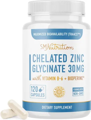 Chelated Zinc Supplements | Zinc Glycinate 30mg | Highly-Absorbable TRAACS Chelated Bisglycinate, Vitamin B6 and BioPerine | Immune Support, Acne & Energy | Non-GMO, Gluten-Free | 120 Capsules