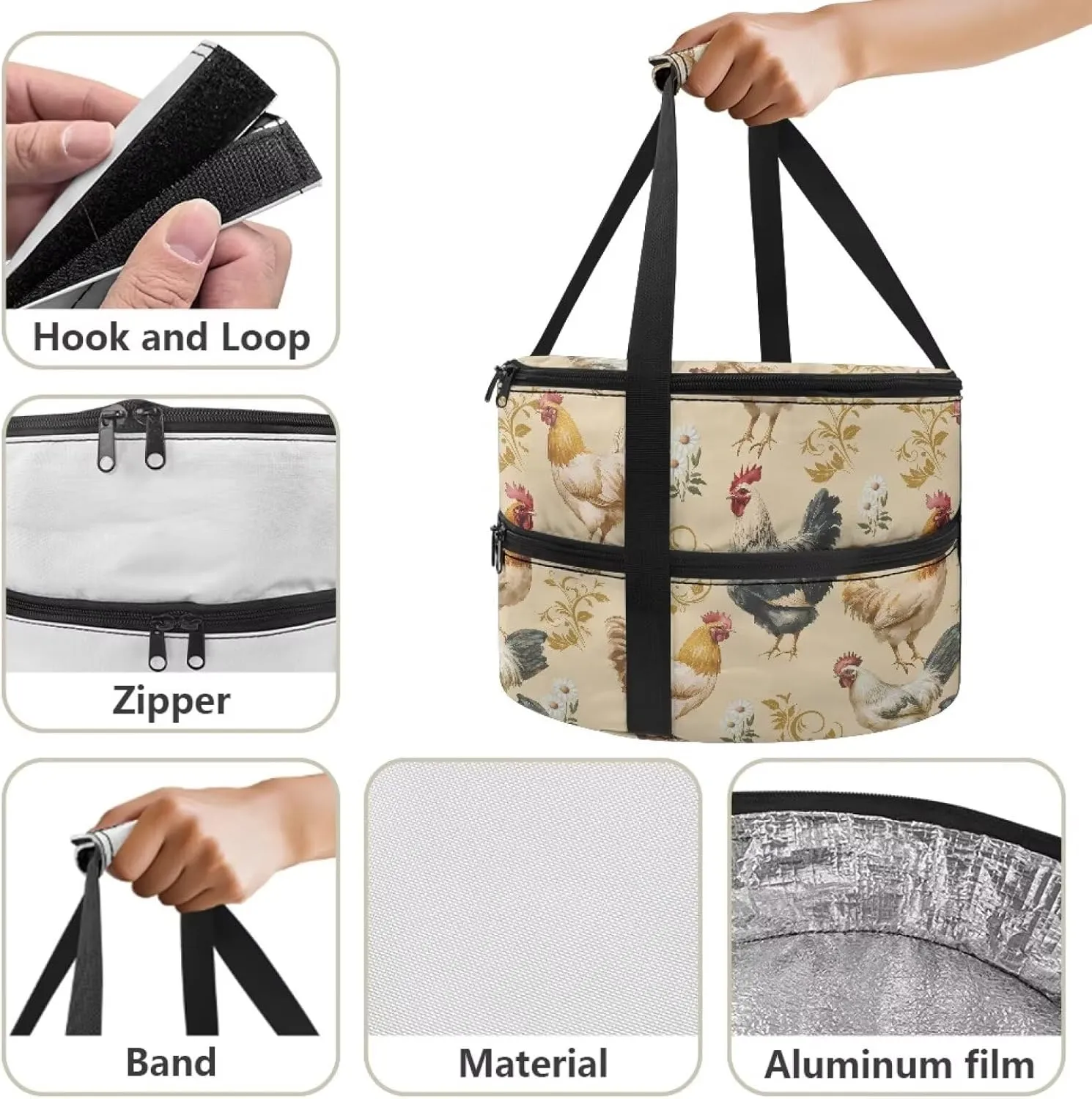 Chicken Rooster Leaves Casserole Carrier Bag Case with Lid and Handle Insulated Casseroles Carriers Portable Food Warmer for Picnic Baking Crust