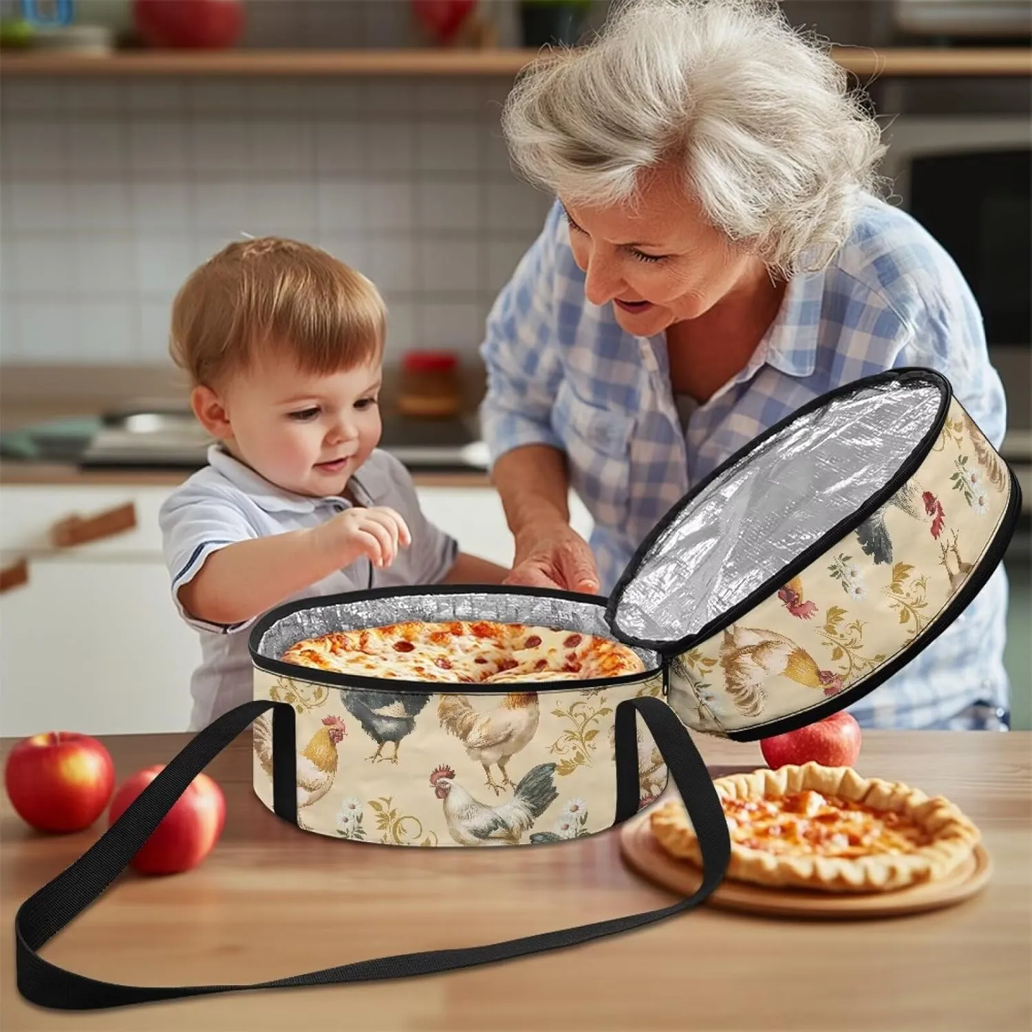 Chicken Rooster Leaves Casserole Carrier Bag Case with Lid and Handle Insulated Casseroles Carriers Portable Food Warmer for Picnic Baking Crust
