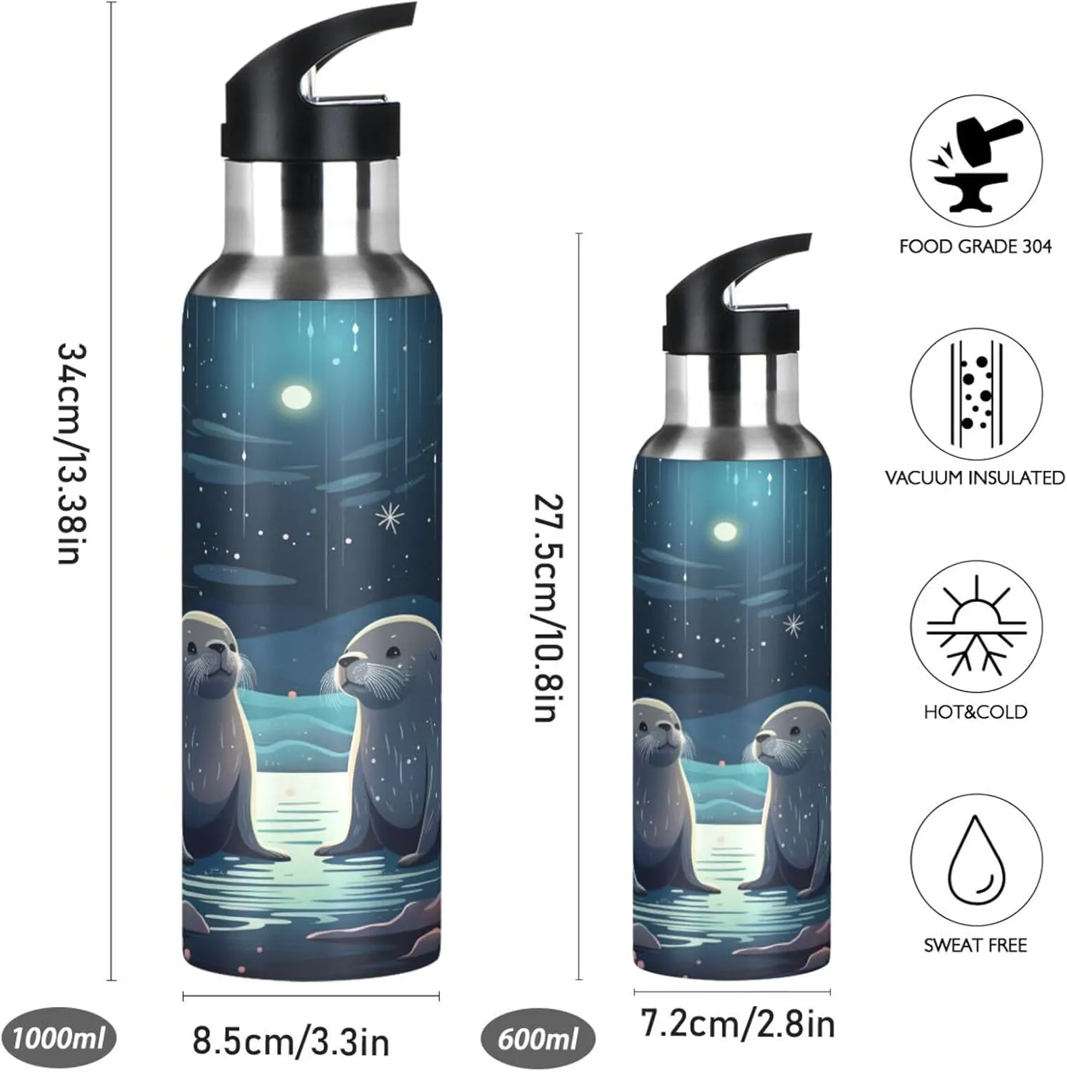 Children Cartoon Walrus_ Sport Water Bottle Insulated Stainless Steel Large Vacuum Flask Leak Proof Thermos with Straw for Travel(600ml/1000ml)