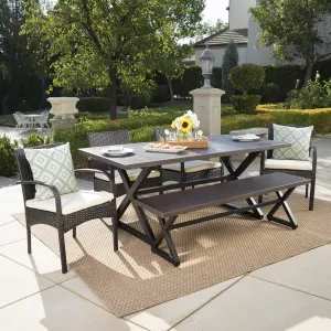 Christopher Knight Home Palladium Outdoor Aluminum Dining Set with Bench and Wicker Stacking Chairs, 6-Pcs Set, Brown / Black / Crème