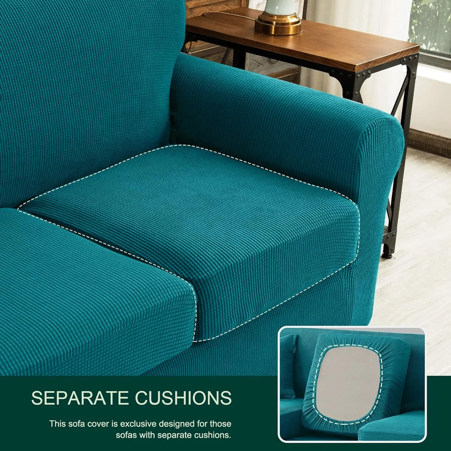 CHUN YI 3 Pieces Stretch Loveseat Sofa Cover for 2 Seater Couch, Washable Soft Sofa Slipcover with 2 Separate Seat Cushion Covers for Dogs, Checks Spandex Jacquard Fabric, Medium, Teal