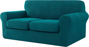 CHUN YI 3 Pieces Stretch Loveseat Sofa Cover for 2 Seater Couch, Washable Soft Sofa Slipcover with 2 Separate Seat Cushion Covers for Dogs, Checks Spandex Jacquard Fabric, Medium, Teal