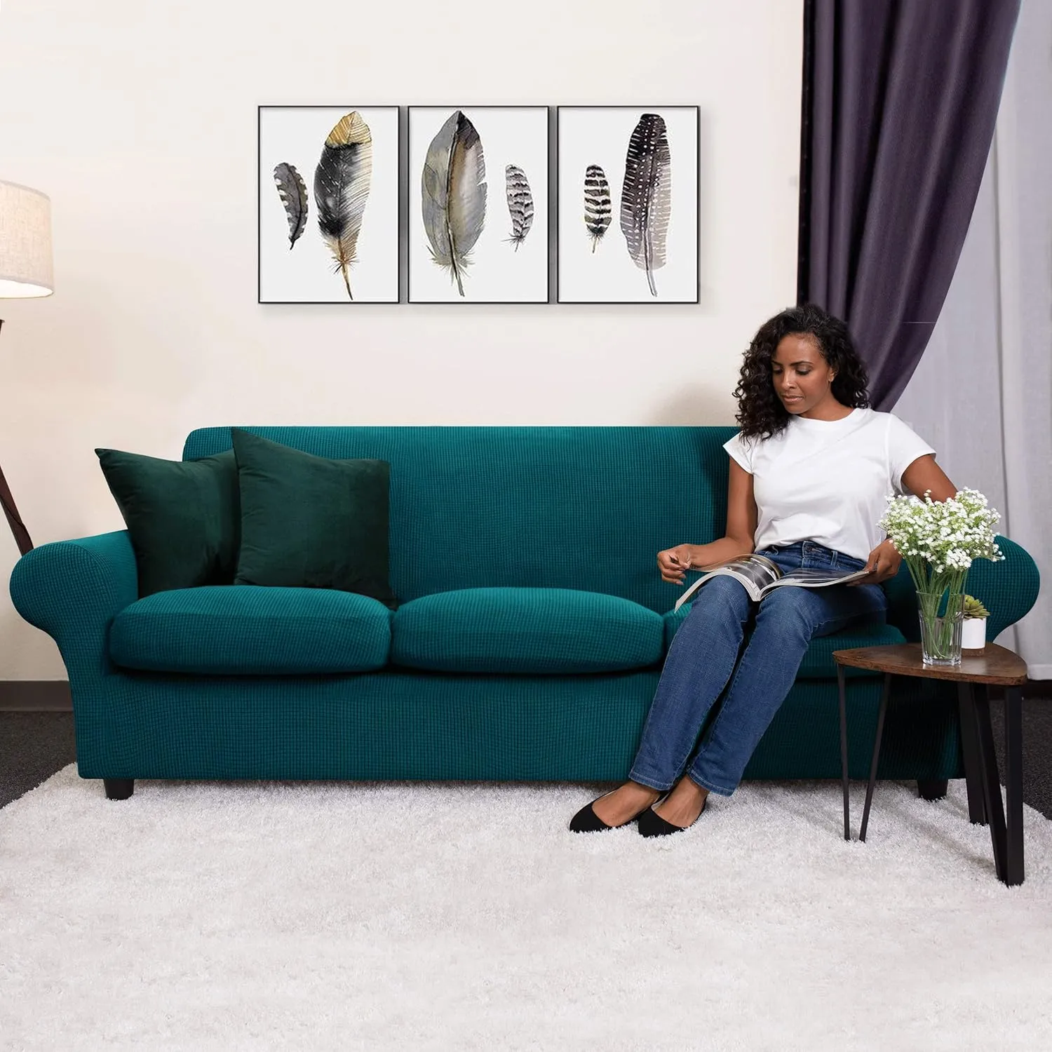 CHUN YI 3 Pieces Stretch Loveseat Sofa Cover for 2 Seater Couch, Washable Soft Sofa Slipcover with 2 Separate Seat Cushion Covers for Dogs, Checks Spandex Jacquard Fabric, Medium, Teal