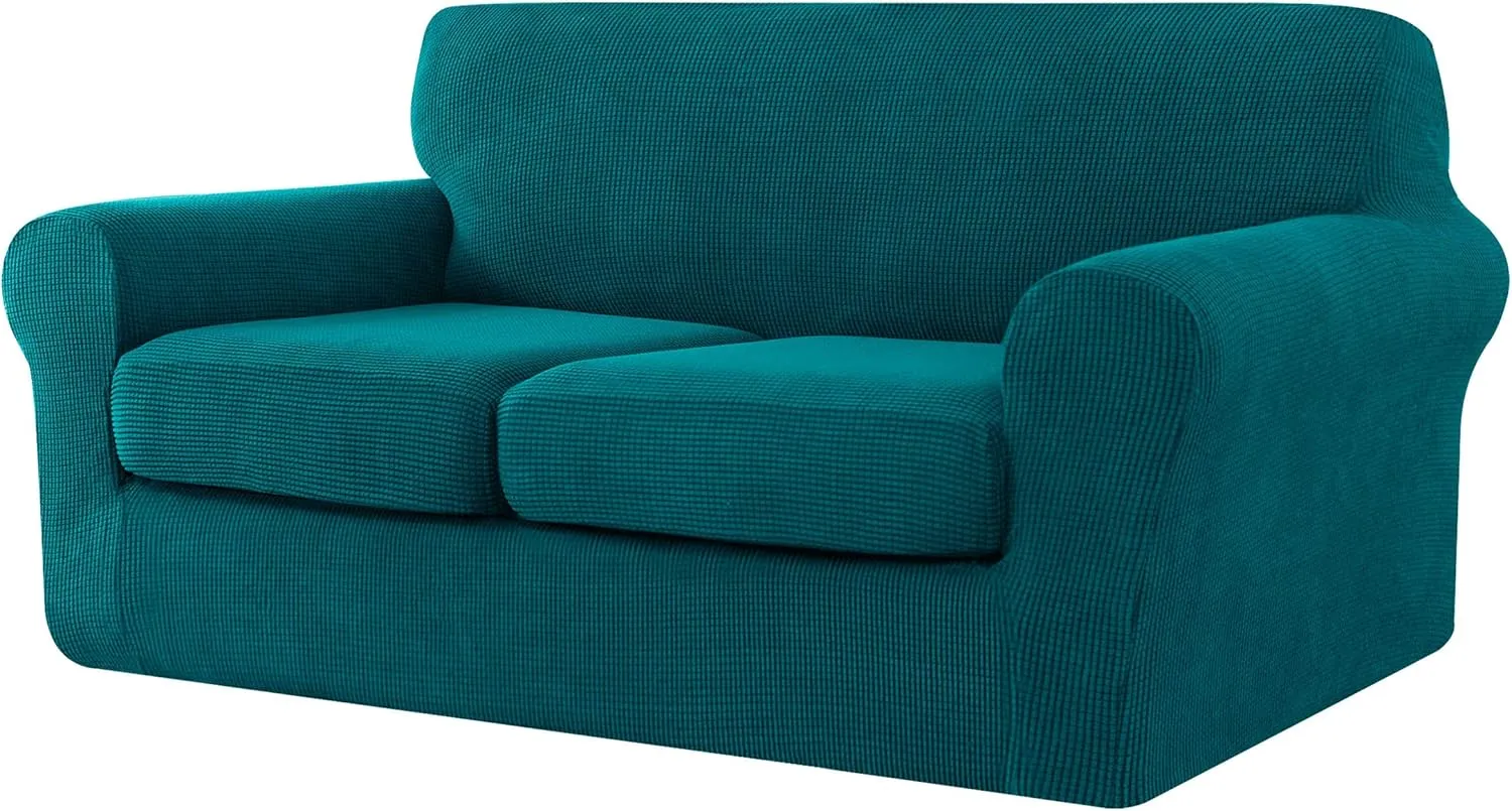 CHUN YI 3 Pieces Stretch Loveseat Sofa Cover for 2 Seater Couch, Washable Soft Sofa Slipcover with 2 Separate Seat Cushion Covers for Dogs, Checks Spandex Jacquard Fabric, Medium, Teal