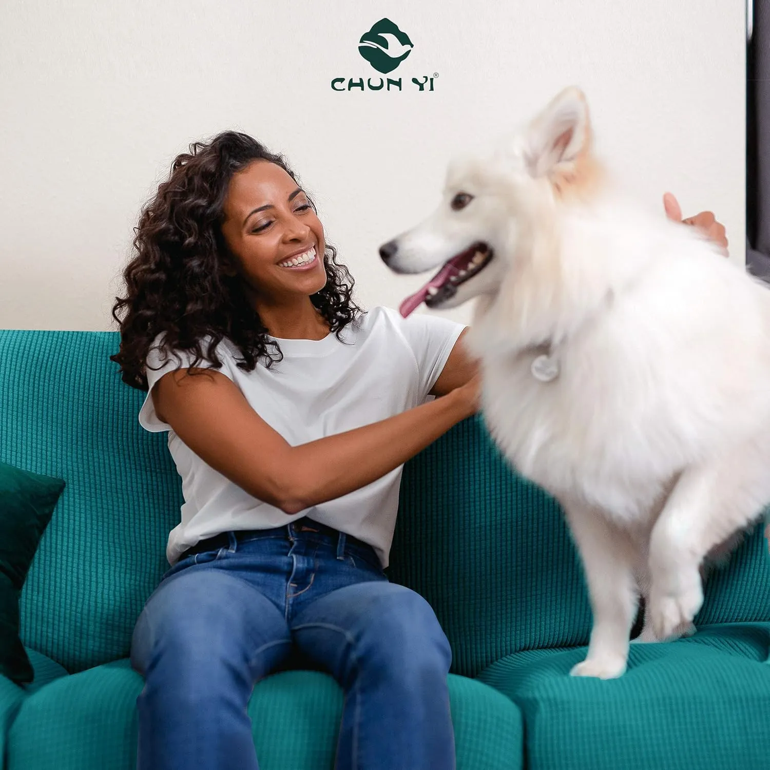 CHUN YI 3 Pieces Stretch Loveseat Sofa Cover for 2 Seater Couch, Washable Soft Sofa Slipcover with 2 Separate Seat Cushion Covers for Dogs, Checks Spandex Jacquard Fabric, Medium, Teal