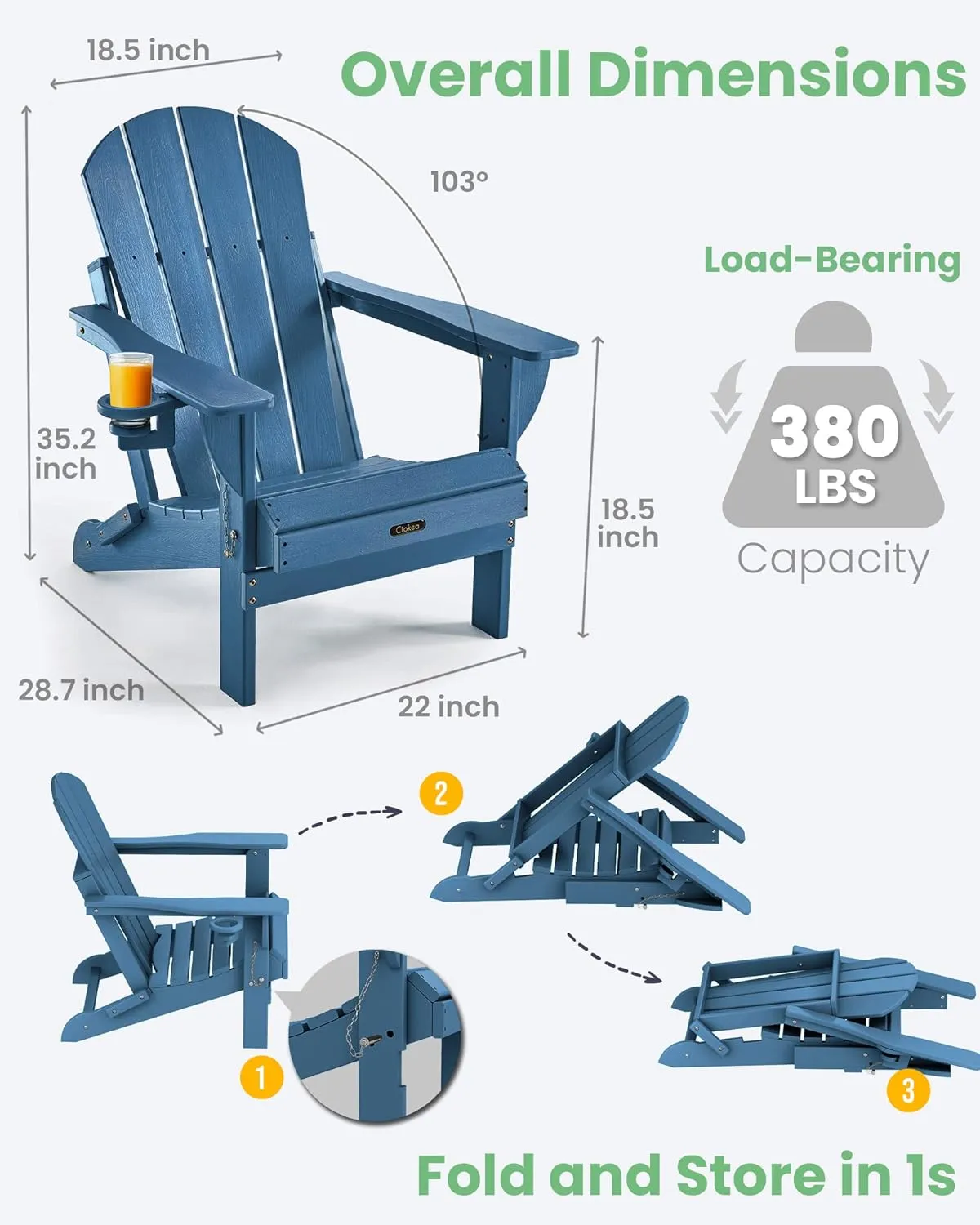 Ciokea Folding Adirondack Chair Wood Texture, Patio Adirondack Chair Weather Resistant, Plastic Fire Pit Chair with Cup Holder, Lawn Chair for Outdoor Porch Garden Backyard Deck (Royal Blue)