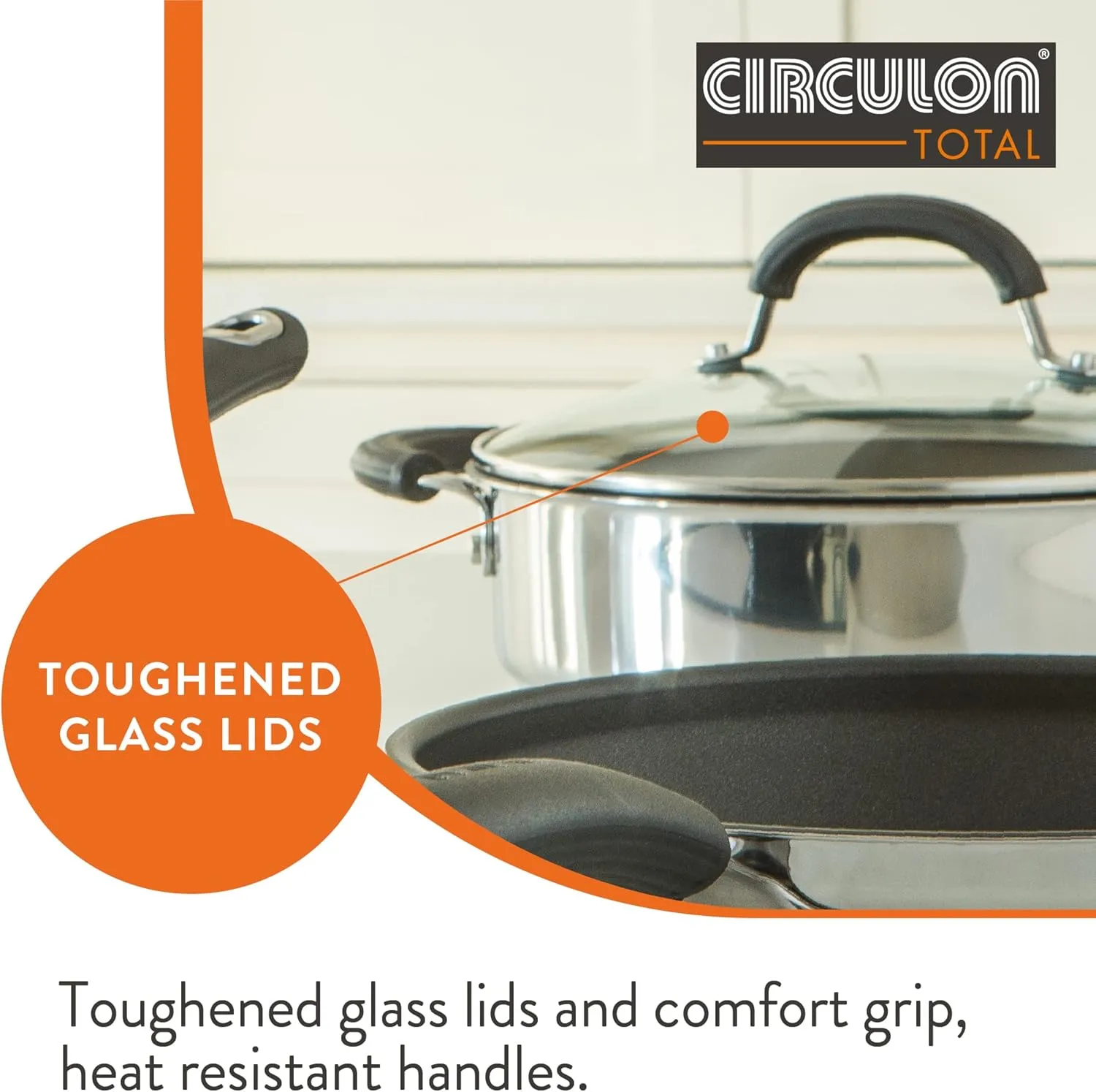 Circulon Total Non Stick Saute Pan with Lid 30cm - Induction Suitable Stainless Steel Saute Pan with Toughened Glass Lid, Durable Oven & Dishwasher Safe Cookware, Silver