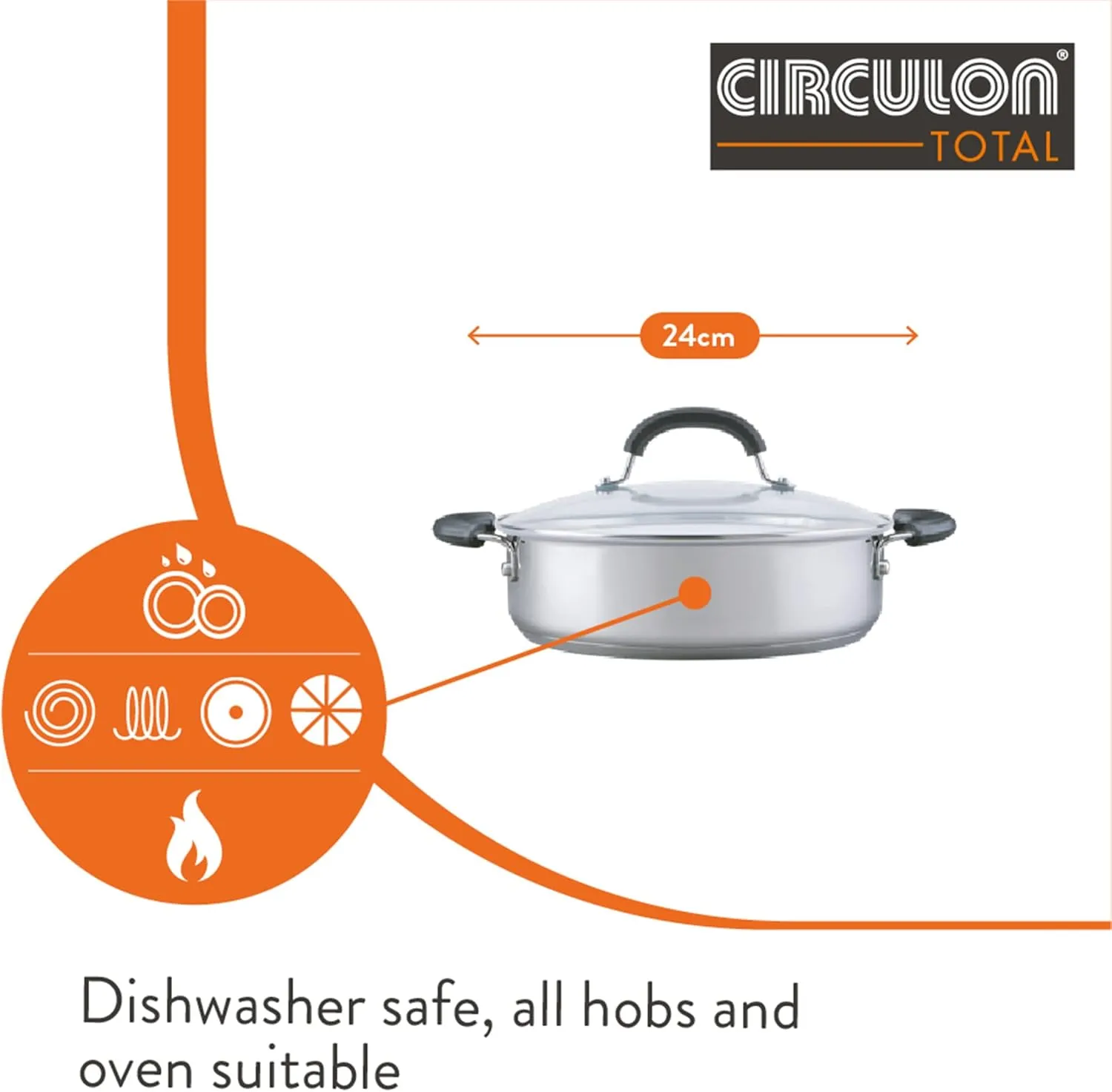 Circulon Total Non Stick Saute Pan with Lid 30cm - Induction Suitable Stainless Steel Saute Pan with Toughened Glass Lid, Durable Oven & Dishwasher Safe Cookware, Silver