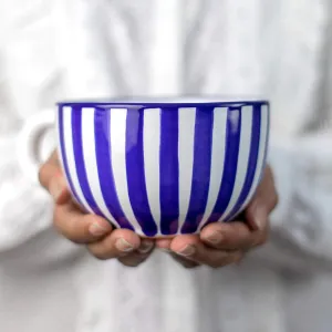 City to Cottage Handmade Ceramic Designer Navy Blue Stripe Cup, Unique Extra Large 17.5oz/500ml Pottery Cappuccino, Coffee, Tea, Soup Mug | Housewarming Gift for Tea Lovers