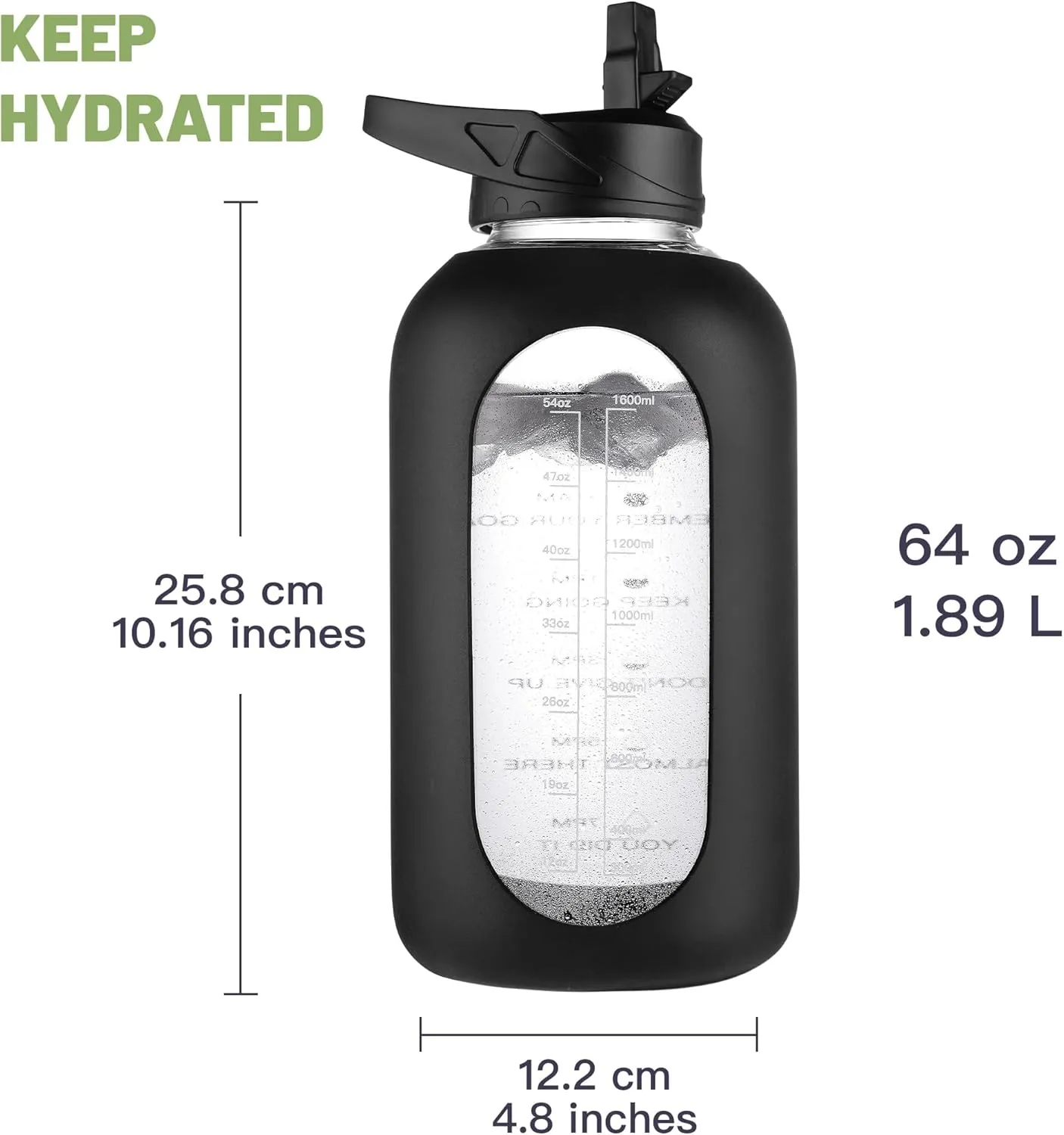 CIVAGO Half Gallon Glass Water Bottle with Straw and Insulated Bottle Holder Sling, 64 oz Motivational Water jug with Time Marker and Silicone Sleeve, Water Flask with 2 Lids, Army Green