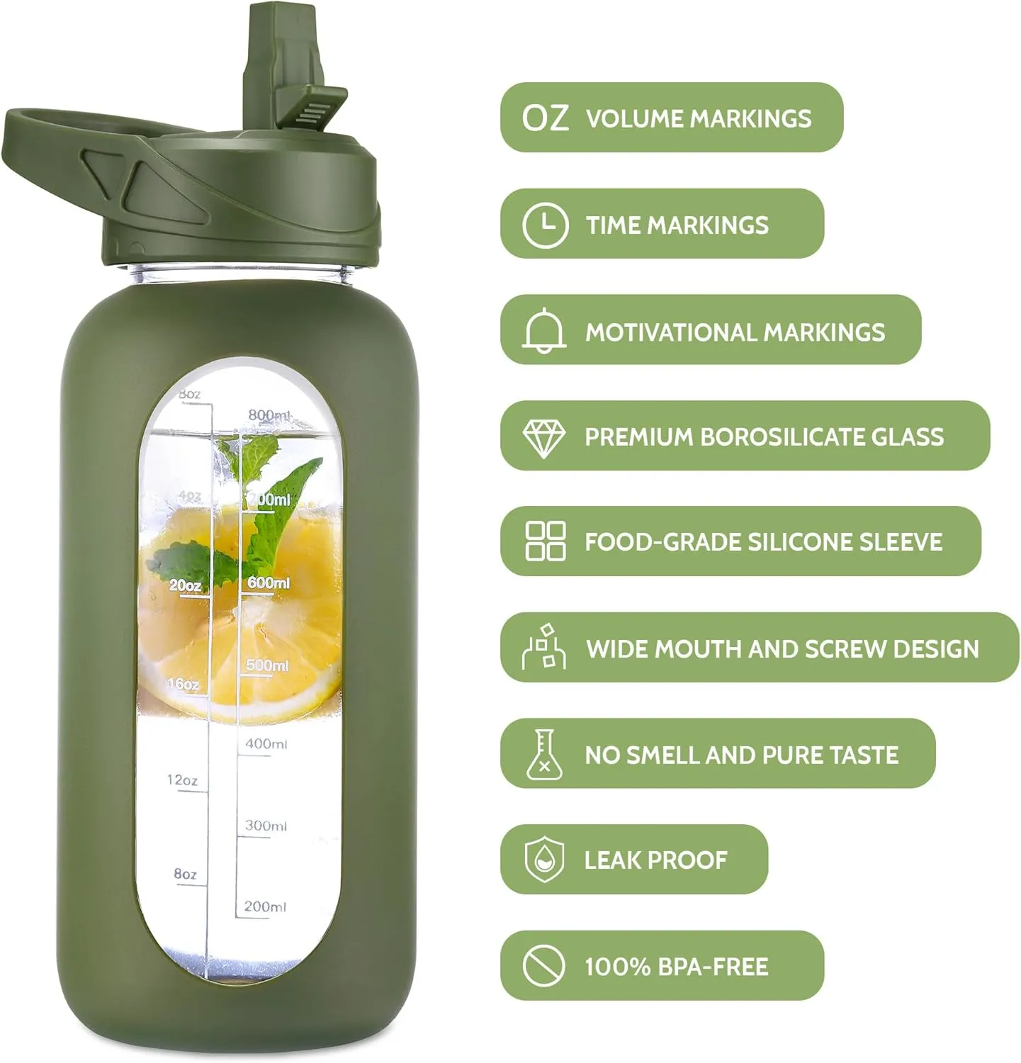 CIVAGO Half Gallon Glass Water Bottle with Straw and Insulated Bottle Holder Sling, 64 oz Motivational Water jug with Time Marker and Silicone Sleeve, Water Flask with 2 Lids, Army Green