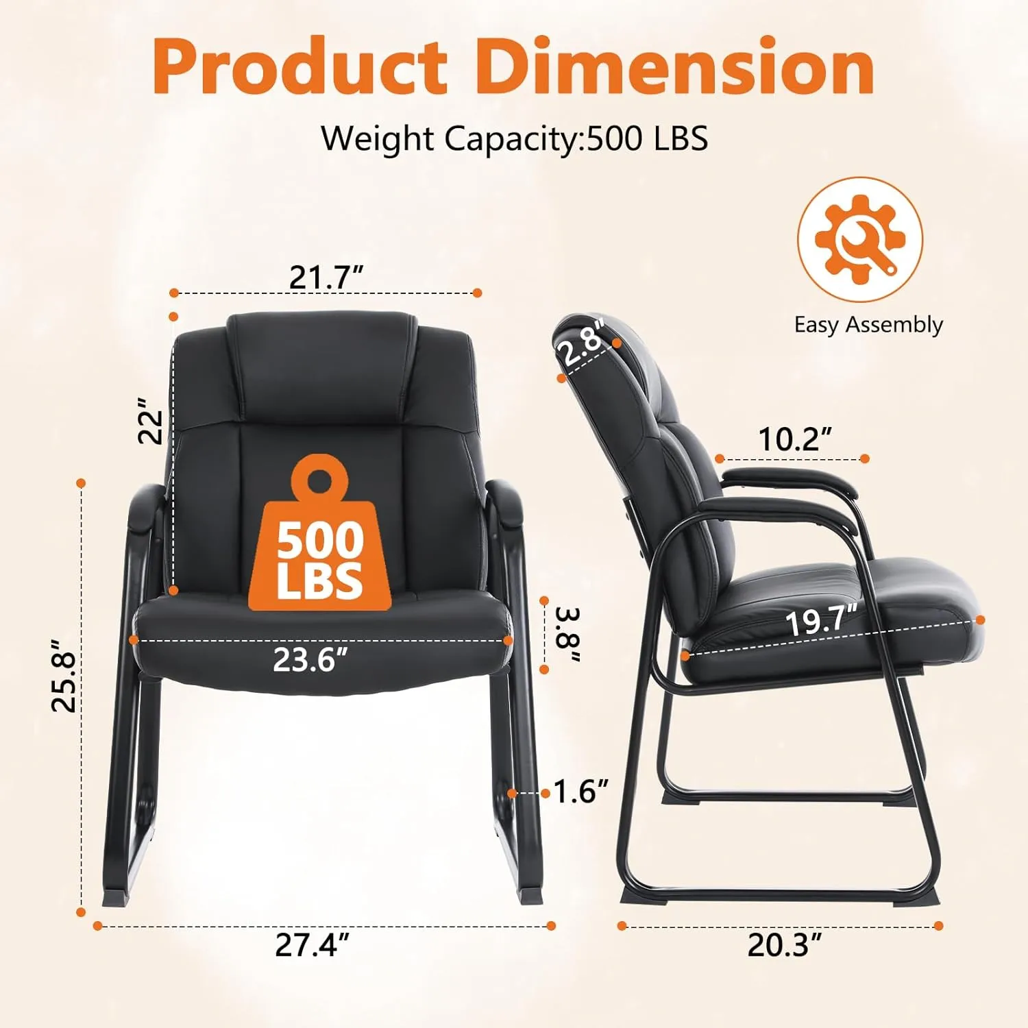 CLATINA Big & Tall 500 lb. Guest Chair, Leather Reception Chairs with Sled Base and Padded Arm Rest for Waiting Room Office Home and Meeting Conference-Black (2 Pack)