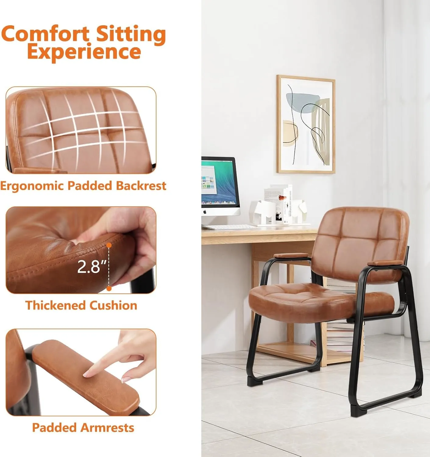 CLATINA Big Tall 400 lbs Waiting Room Chairs with Padded Arms Leather Guest Chair no Wheels for Office Reception Lobby and Conference Desk with Sled Base, Brown