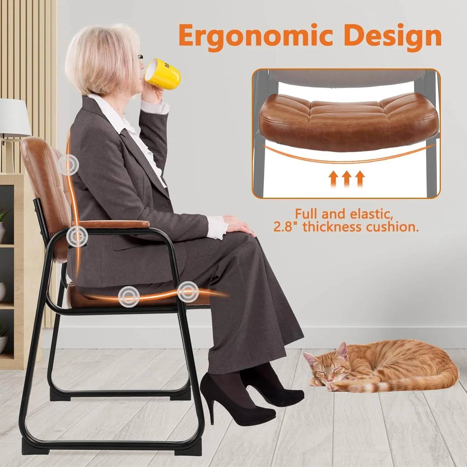 CLATINA Big Tall 400 lbs Waiting Room Chairs with Padded Arms Leather Guest Chair no Wheels for Office Reception Lobby and Conference Desk with Sled Base, Brown