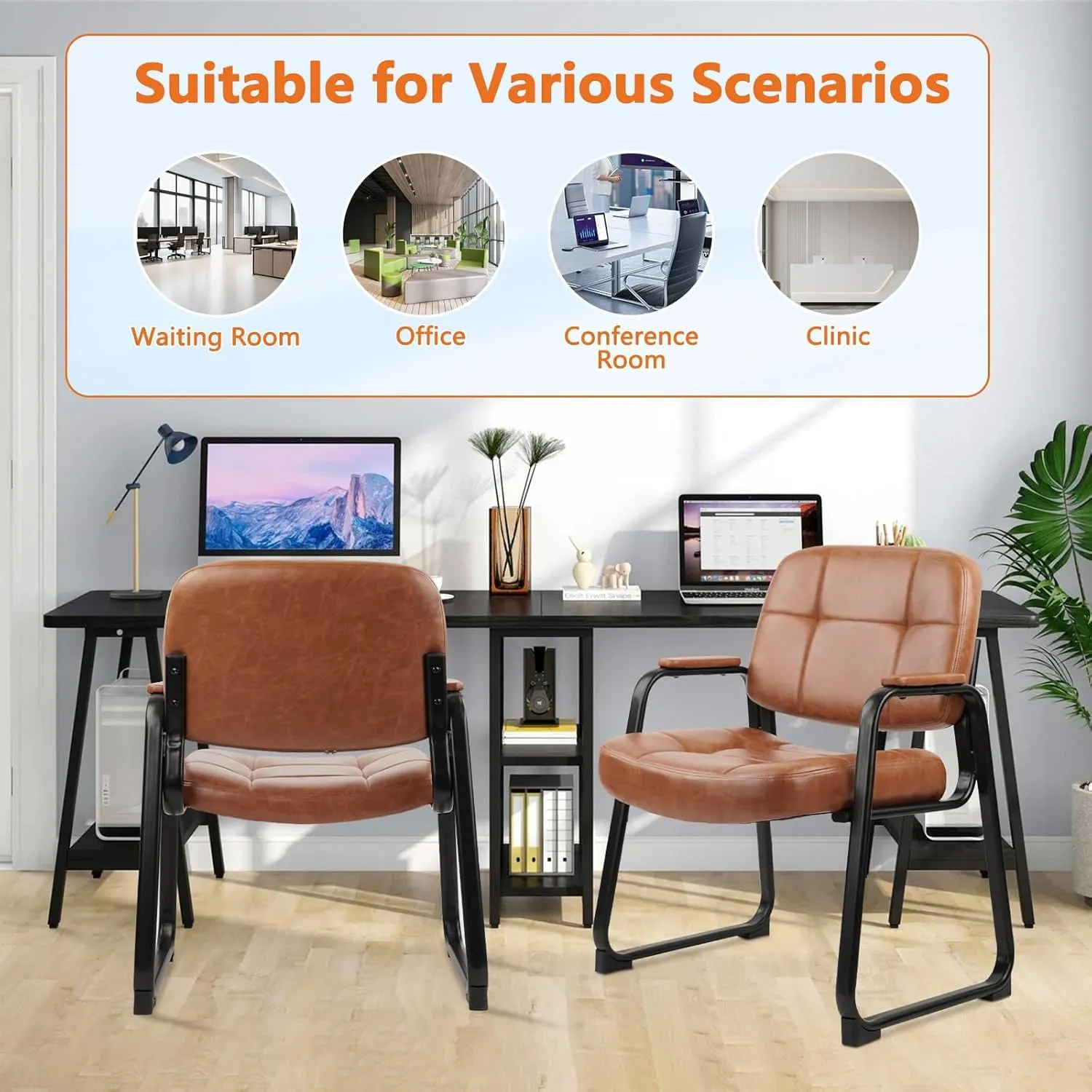 CLATINA Big Tall 400 lbs Waiting Room Chairs with Padded Arms Leather Guest Chair no Wheels for Office Reception Lobby and Conference Desk with Sled Base, Brown