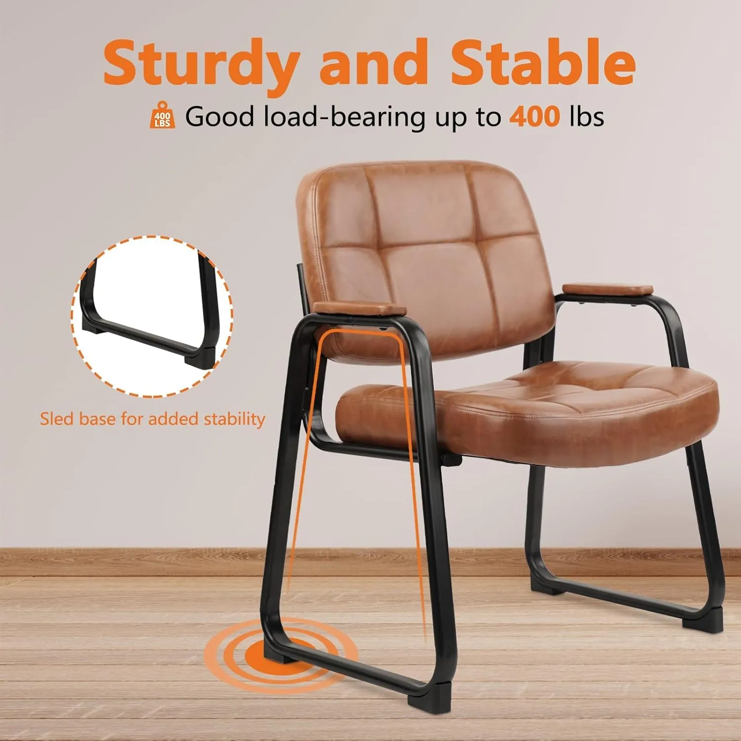 CLATINA Big Tall 400 lbs Waiting Room Chairs with Padded Arms Leather Guest Chair no Wheels for Office Reception Lobby and Conference Desk with Sled Base, Brown
