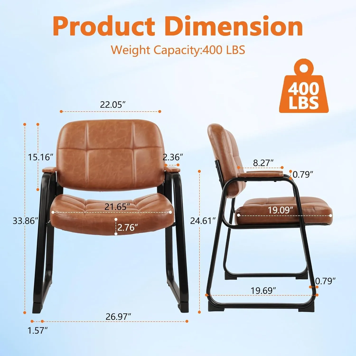 CLATINA Big Tall 400 lbs Waiting Room Chairs with Padded Arms Leather Guest Chair no Wheels for Office Reception Lobby and Conference Desk with Sled Base, Brown