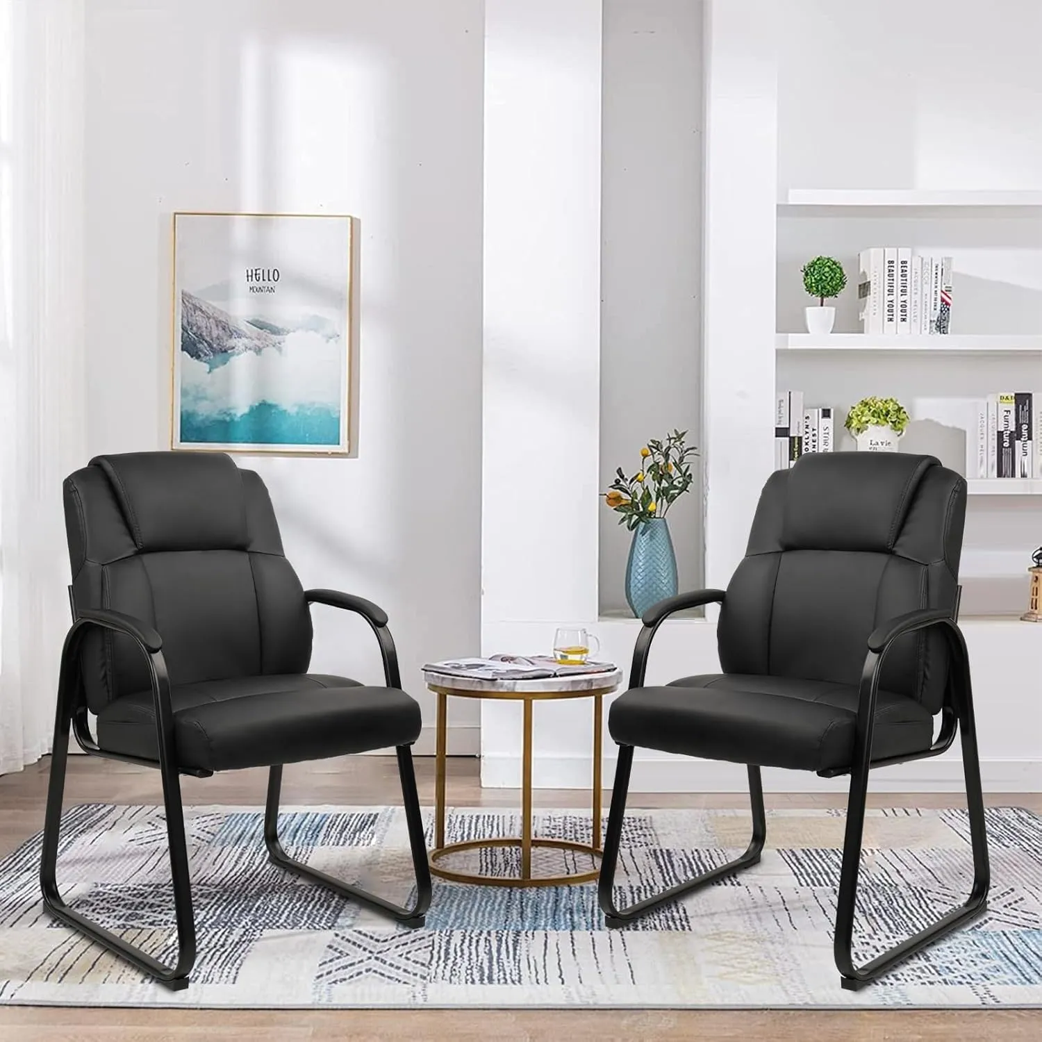 CLATINA Leather Guest Chair with Padded Arm Rest for Reception Meeting Conference and Waiting Room Side Office Home Black with Sled Base 2 Pack