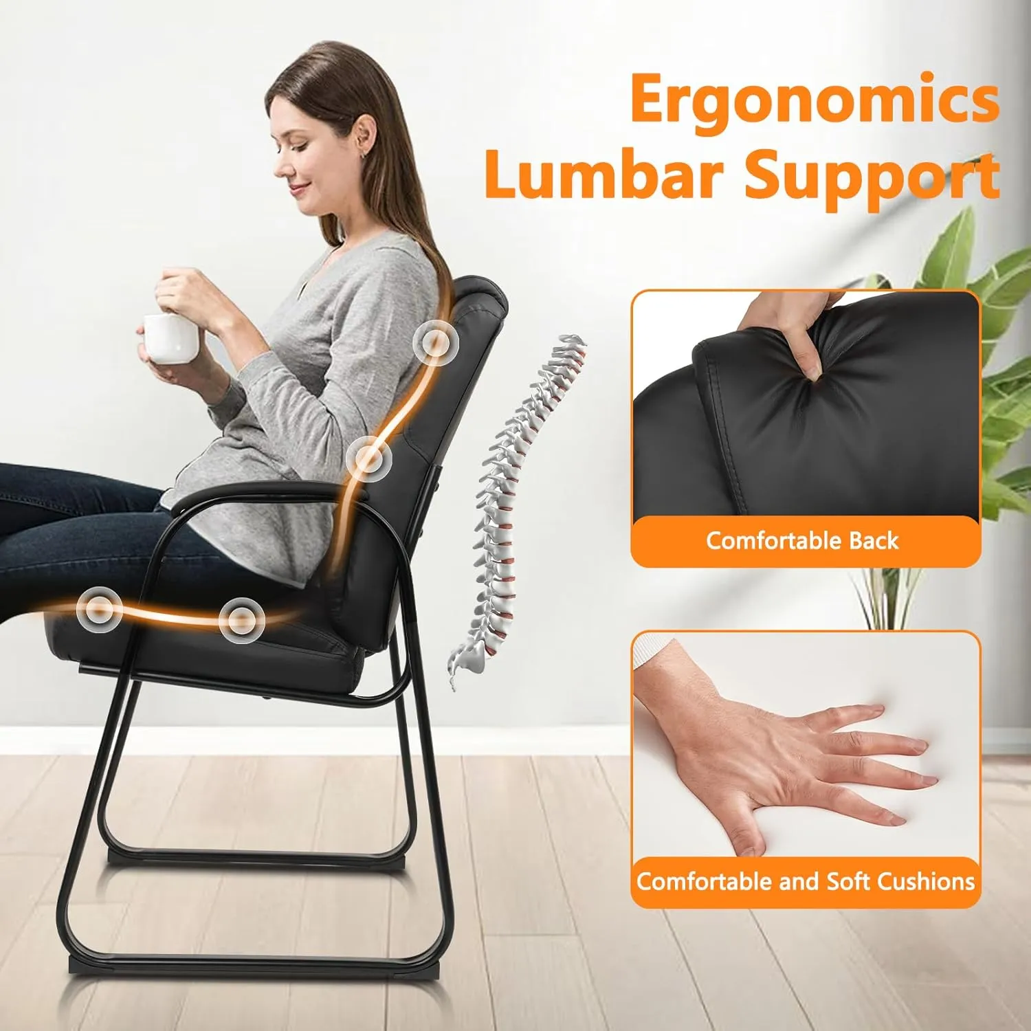CLATINA Leather Guest Chair with Padded Arm Rest for Reception Meeting Conference and Waiting Room Side Office Home Black with Sled Base 2 Pack