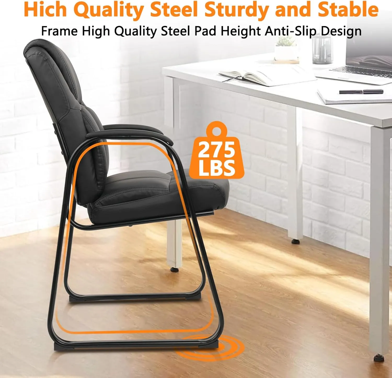 CLATINA Leather Guest Chair with Padded Arm Rest for Reception Meeting Conference and Waiting Room Side Office Home Black with Sled Base 2 Pack