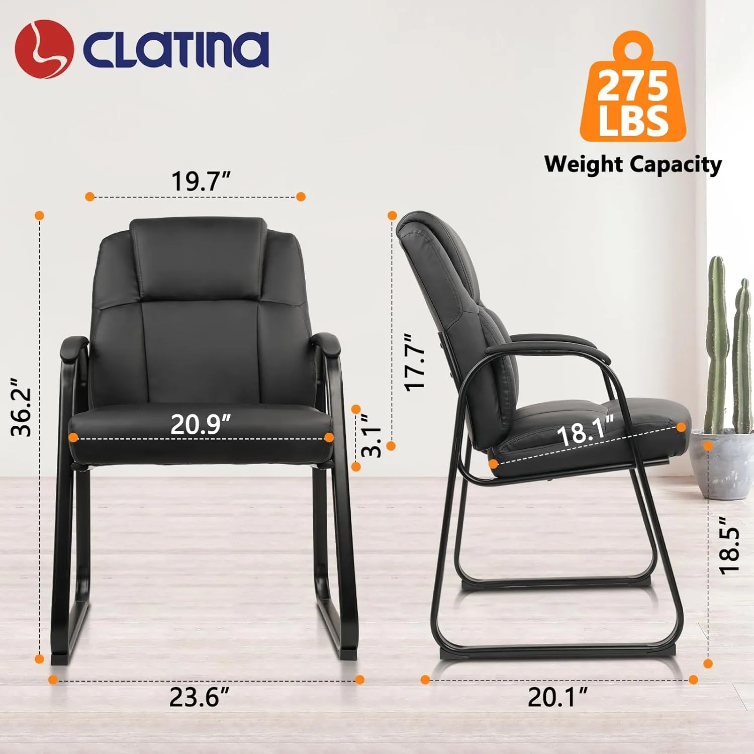 CLATINA Leather Guest Chair with Padded Arm Rest for Reception Meeting Conference and Waiting Room Side Office Home Black with Sled Base 2 Pack