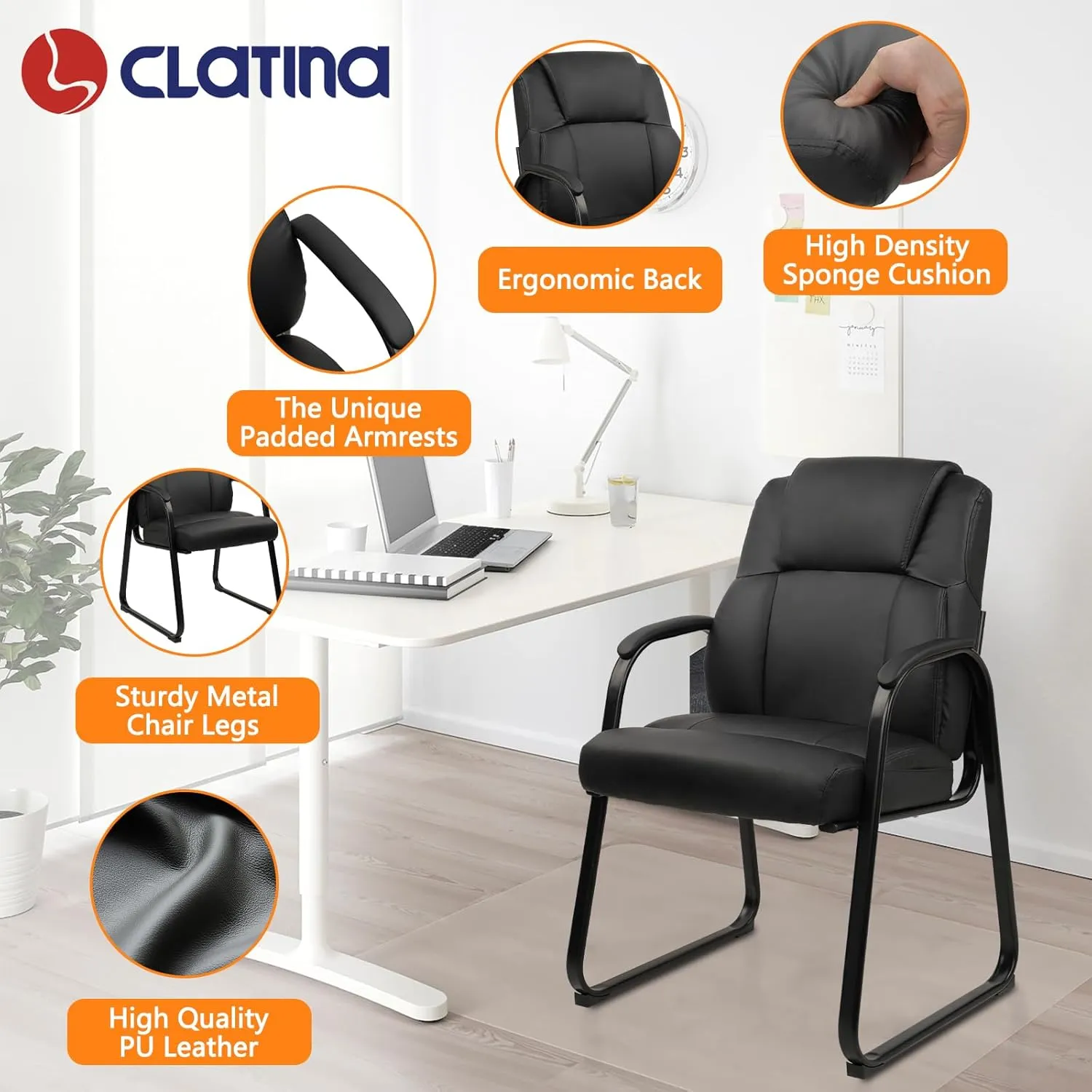 CLATINA Leather Guest Chair with Padded Arm Rest for Reception Meeting Conference and Waiting Room Side Office Home Black with Sled Base 2 Pack