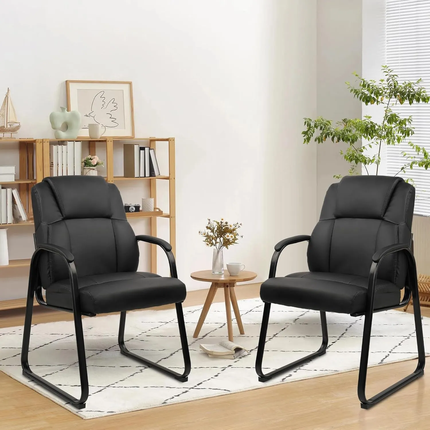 CLATINA Leather Guest Chair with Padded Arm Rest for Reception Meeting Conference and Waiting Room Side Office Home Black with Sled Base 2 Pack